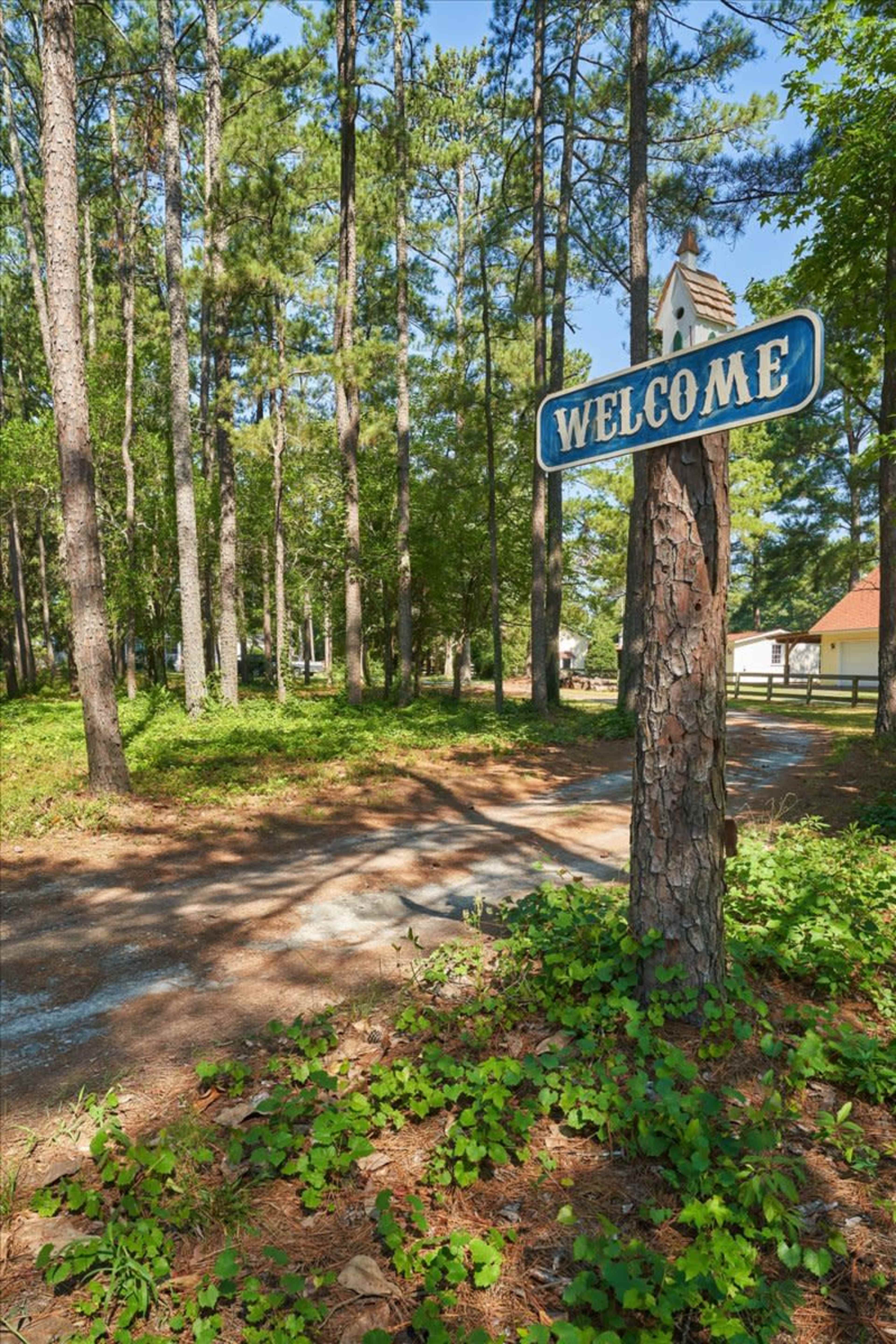 A "Welcome" sign stands on a tree at the entrance of a wooded path leading to a clearing with buildings in the background.