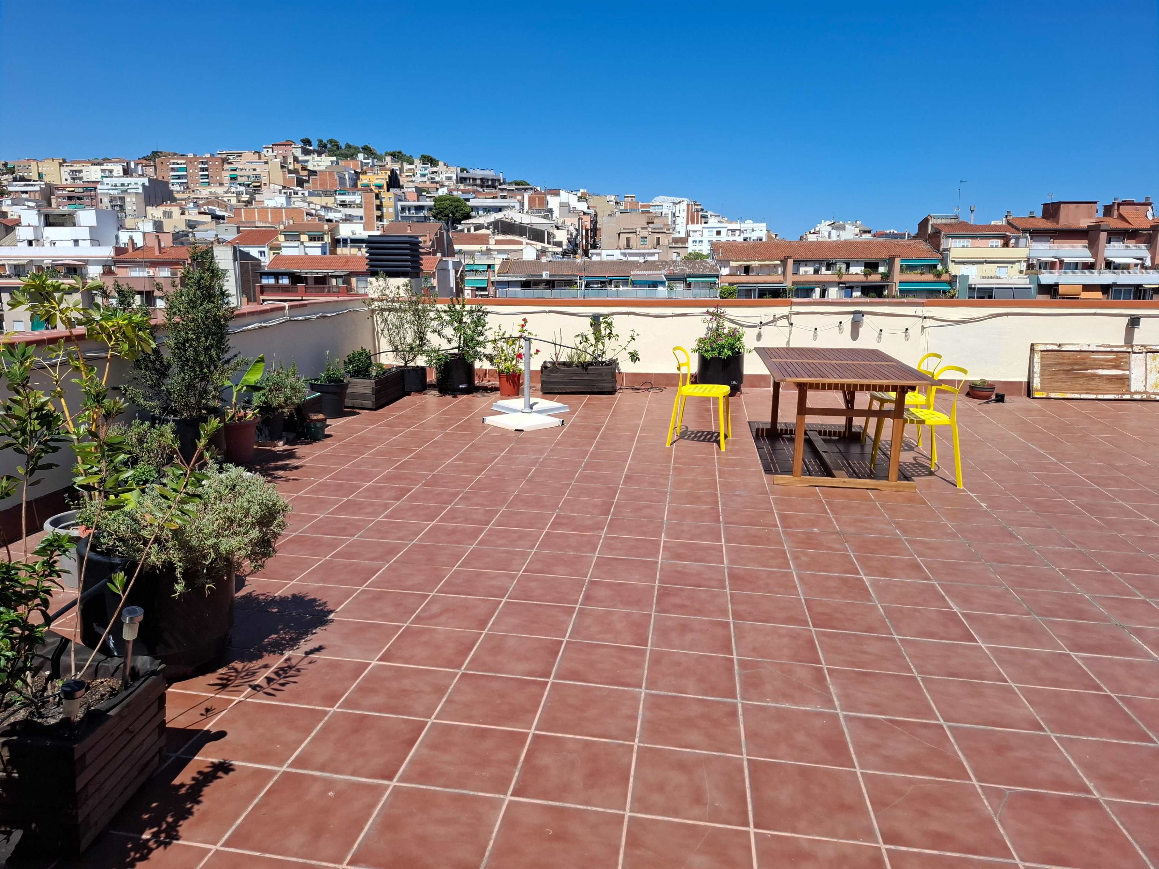 The image shows a spacious rooftop terrace with potted plants, a wooden table, two yellow chairs, and a view of a hillside town in the background.