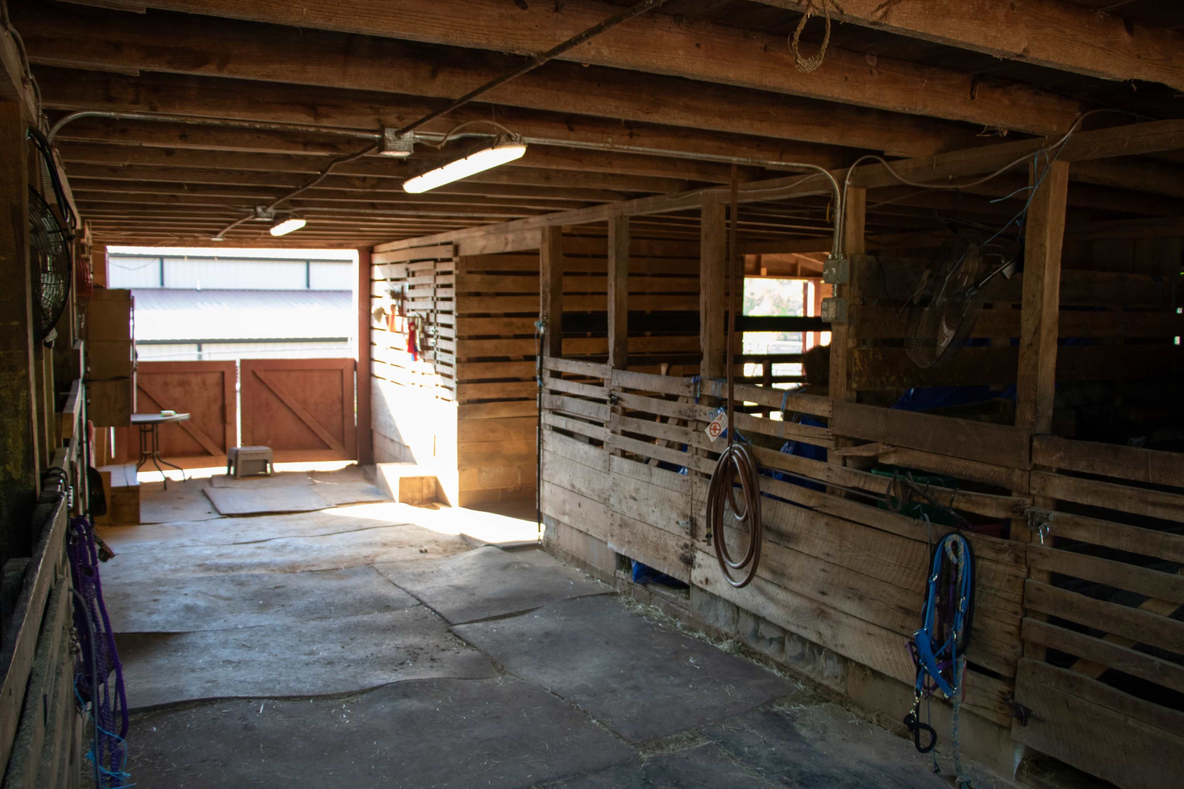 The image shows the interior of a wooden barn with light streaming in through an open door at the end of a row of stalls.