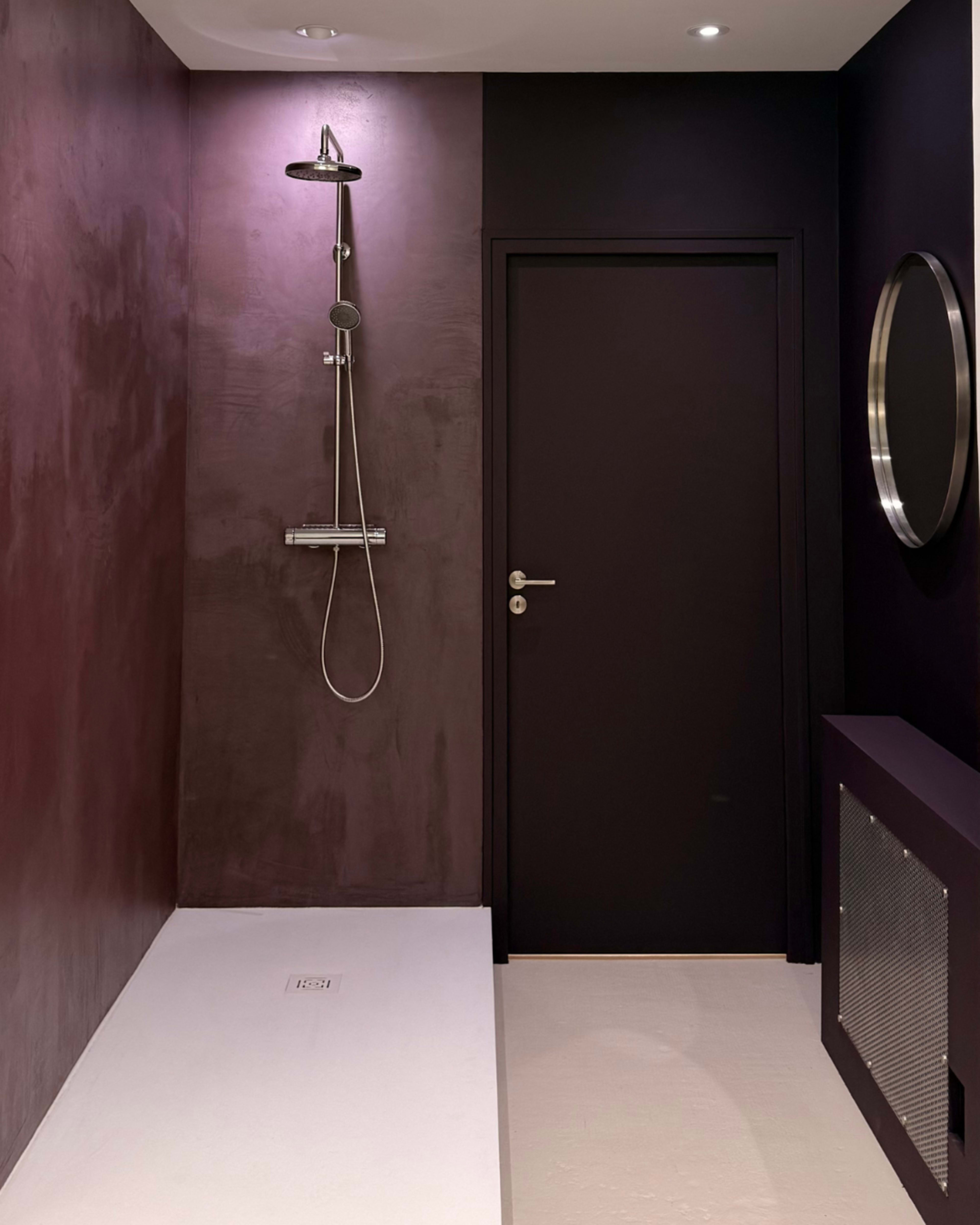 The image shows a modern shower area with a matte purple wall, a sleek showerhead, and a round mirror next to a closed door.