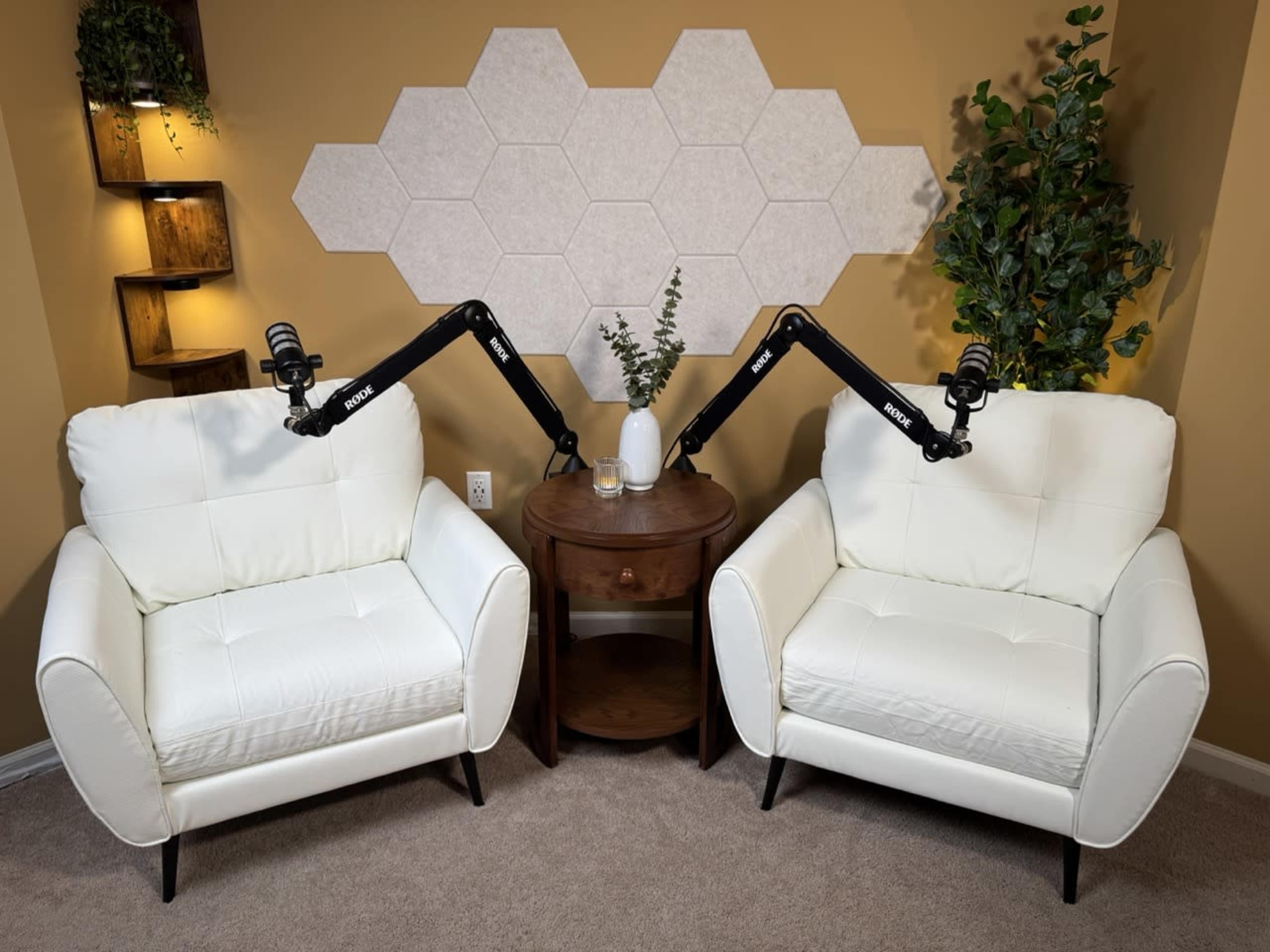 The image shows two white armchairs positioned across from each other, with a small wooden table between them and two microphone arms mounted on each chair.