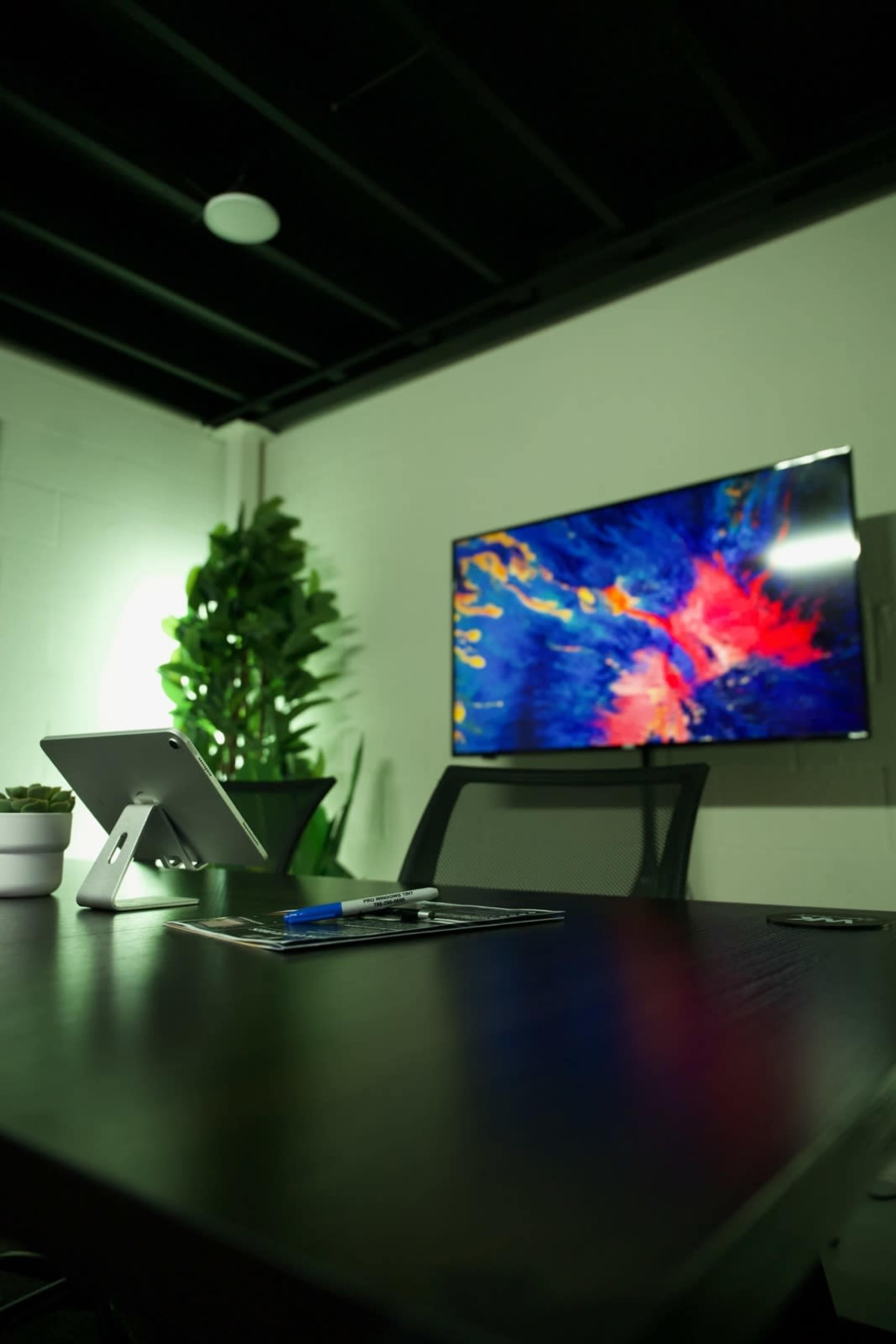 The image shows a modern conference room with a dark wooden table, a potted plant in the corner, and a wall-mounted television displaying colorful graphics.
