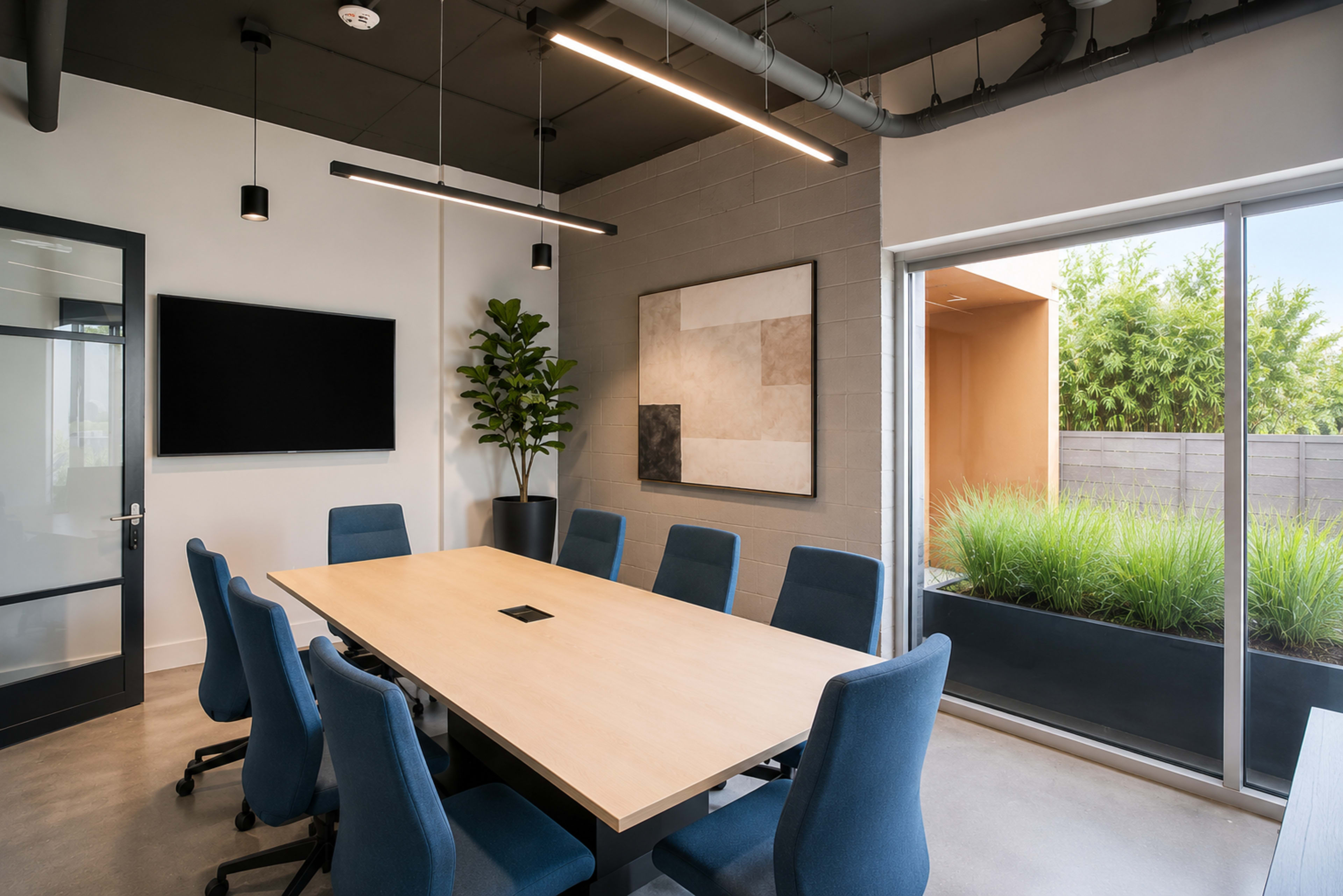 A modern conference room features a large wooden table surrounded by blue chairs, a wall-mounted screen, and a view of an outdoor greenery area through a glass wall.