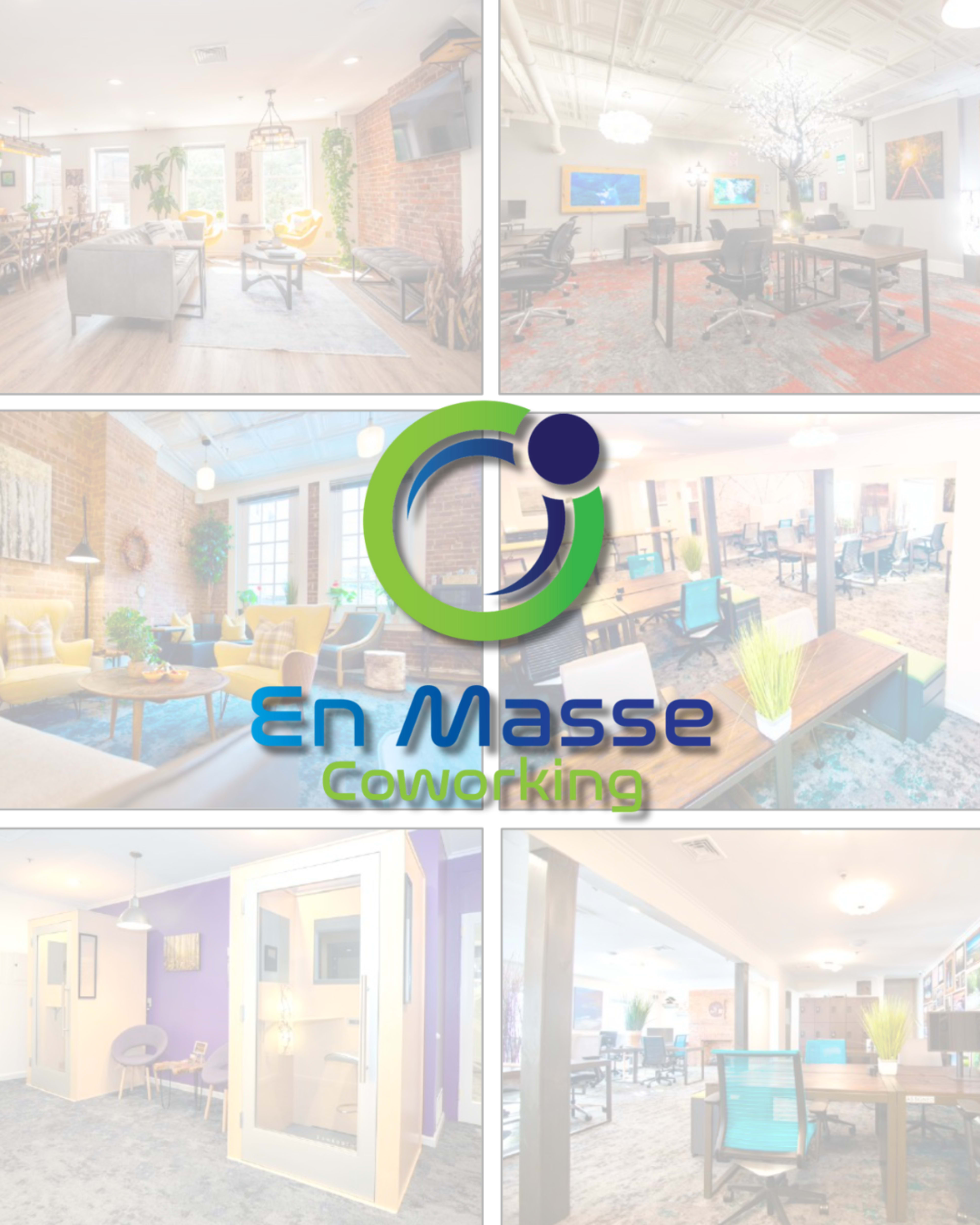 The image showcases a series of modern coworking spaces with various seating arrangements, workstations, and amenities designed for collaborative work.