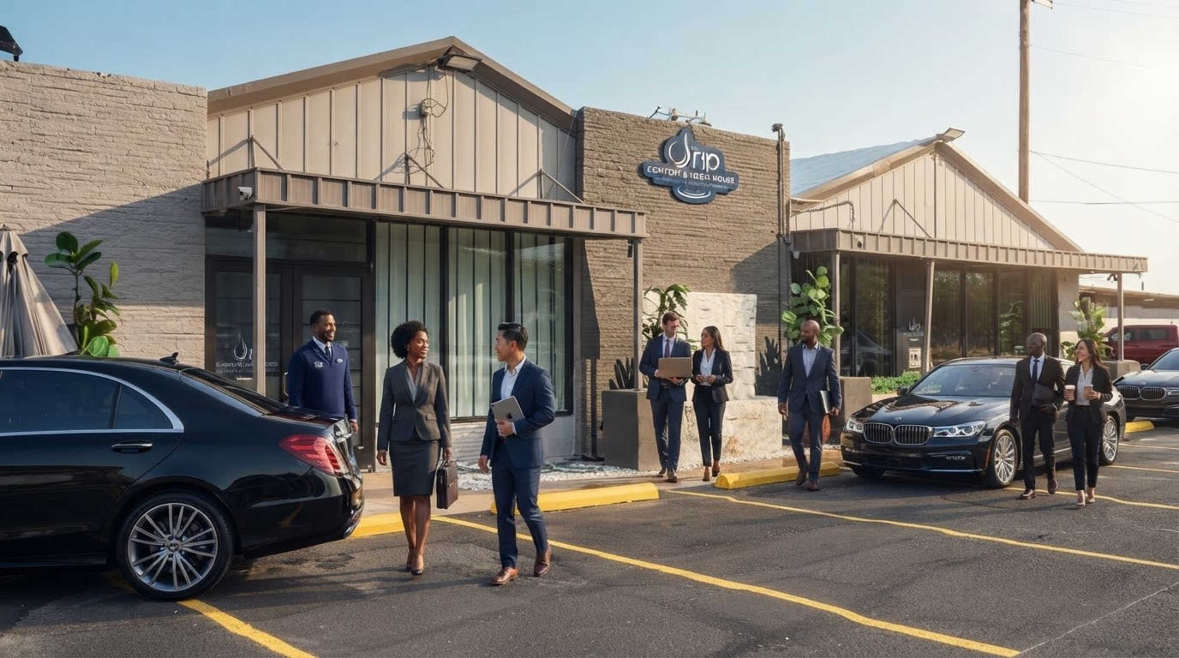 A group of professionals is walking near a contemporary building with large windows and a sign that showcases the business name, while luxury cars are parked nearby.