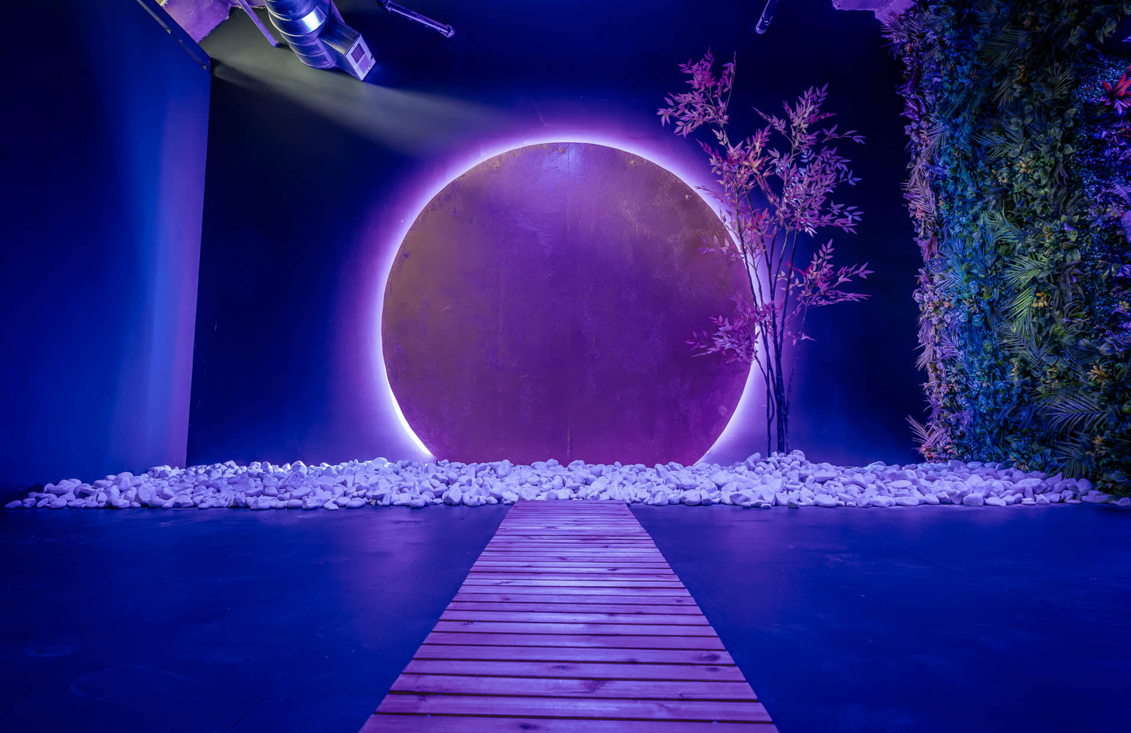 The image features a minimalistic interior scene with a circular light installation at the end of a wooden walkway surrounded by white stones and greenery.