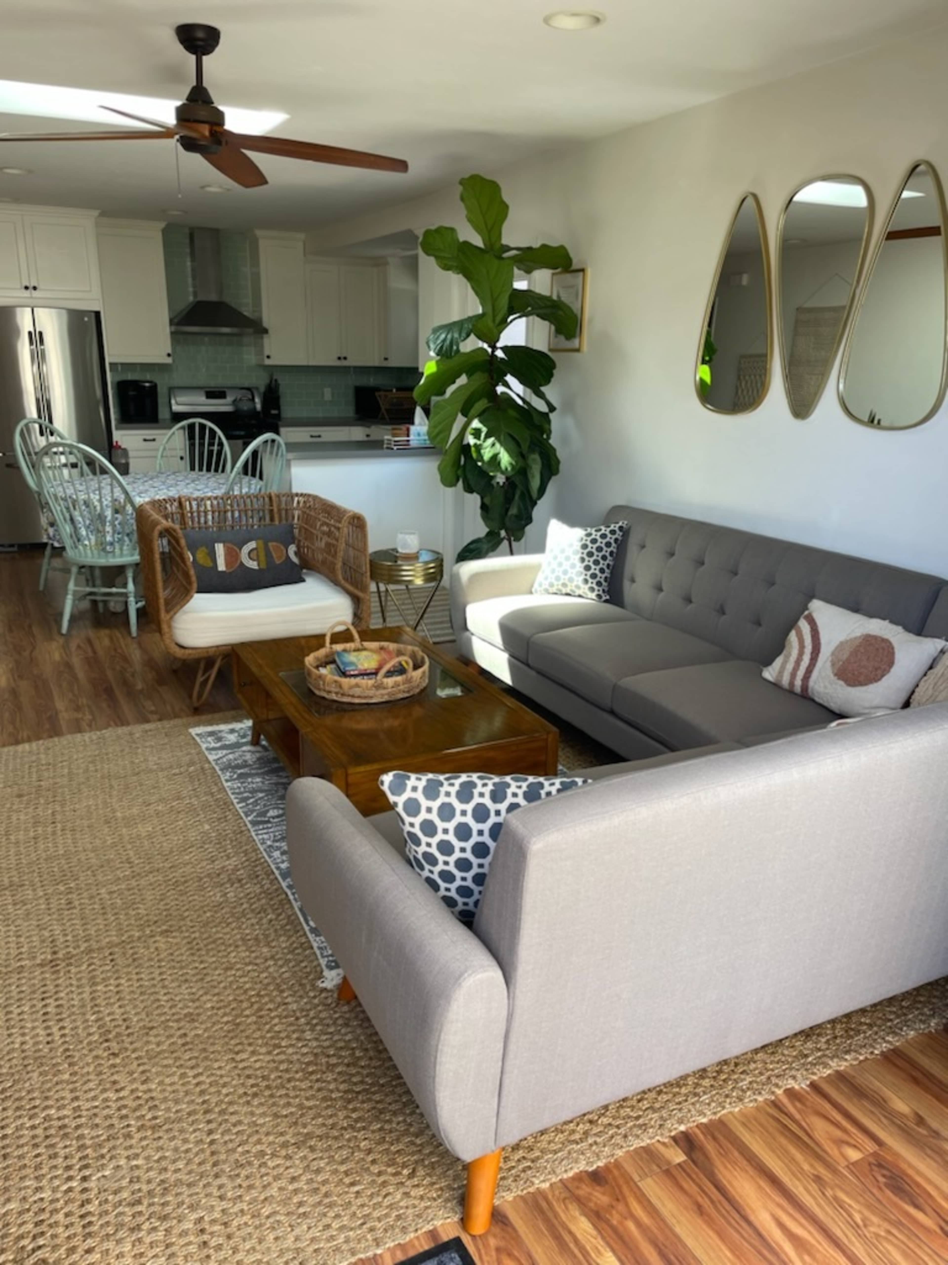A modern living room with a gray sofa, a wooden coffee table, a large potted plant, and an adjacent kitchen area featuring white cabinetry and a stainless steel refrigerator.