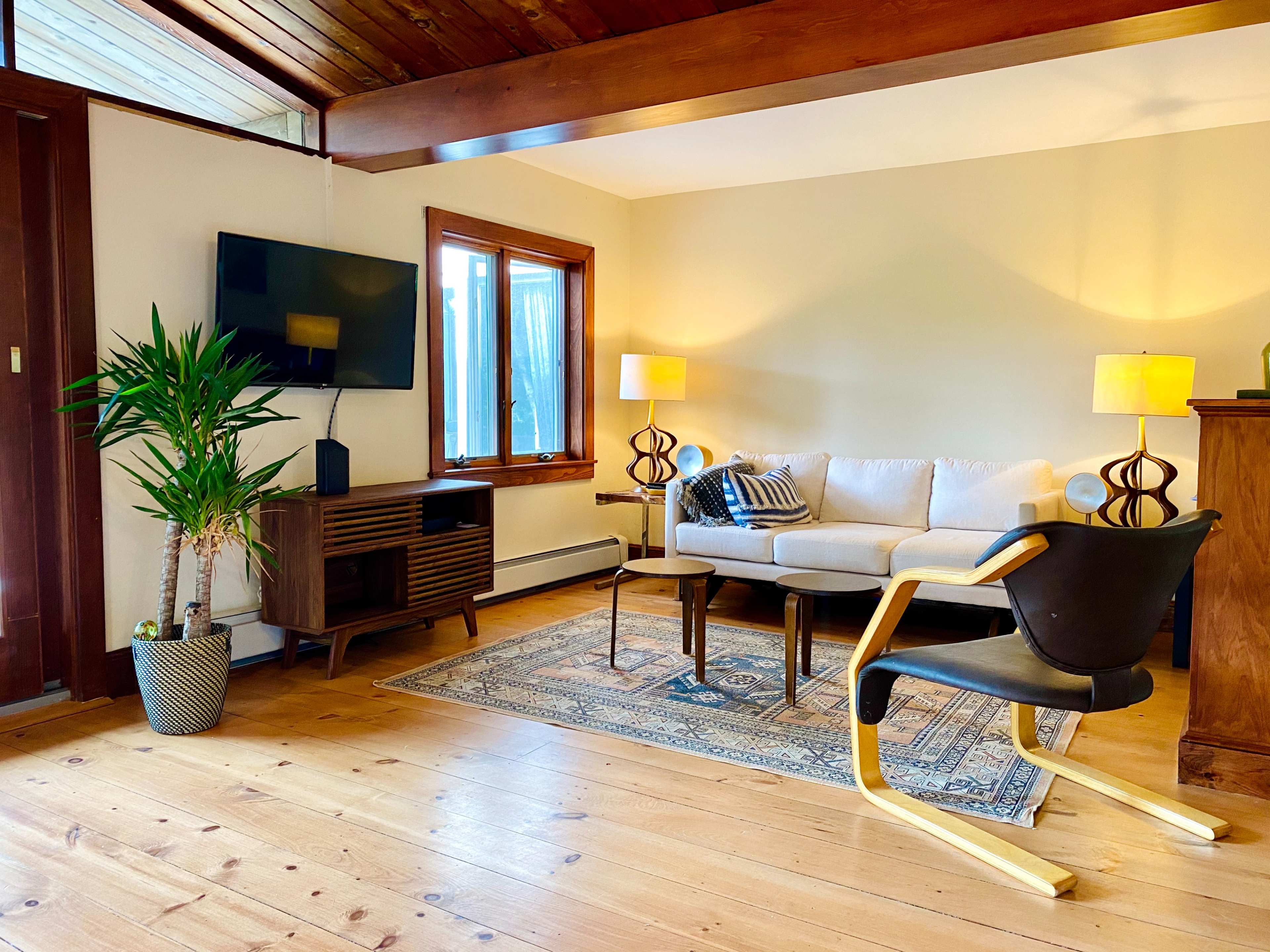 The living room features a sofa, two lamps, a television, a wooden cabinet, a potted plant, and a chair on hardwood flooring.