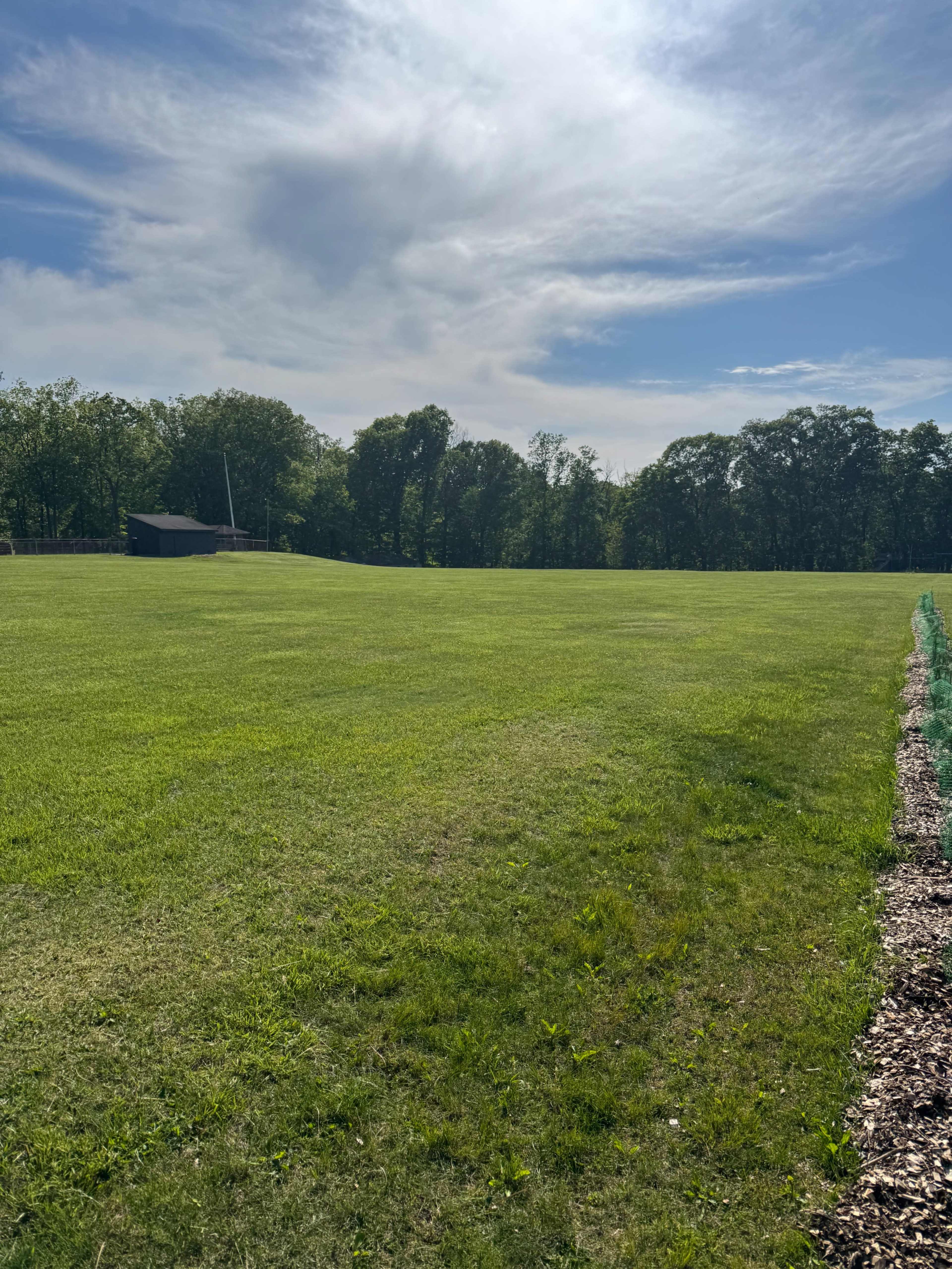 The image shows a wide green field with a few trees in the background and a building to the left.