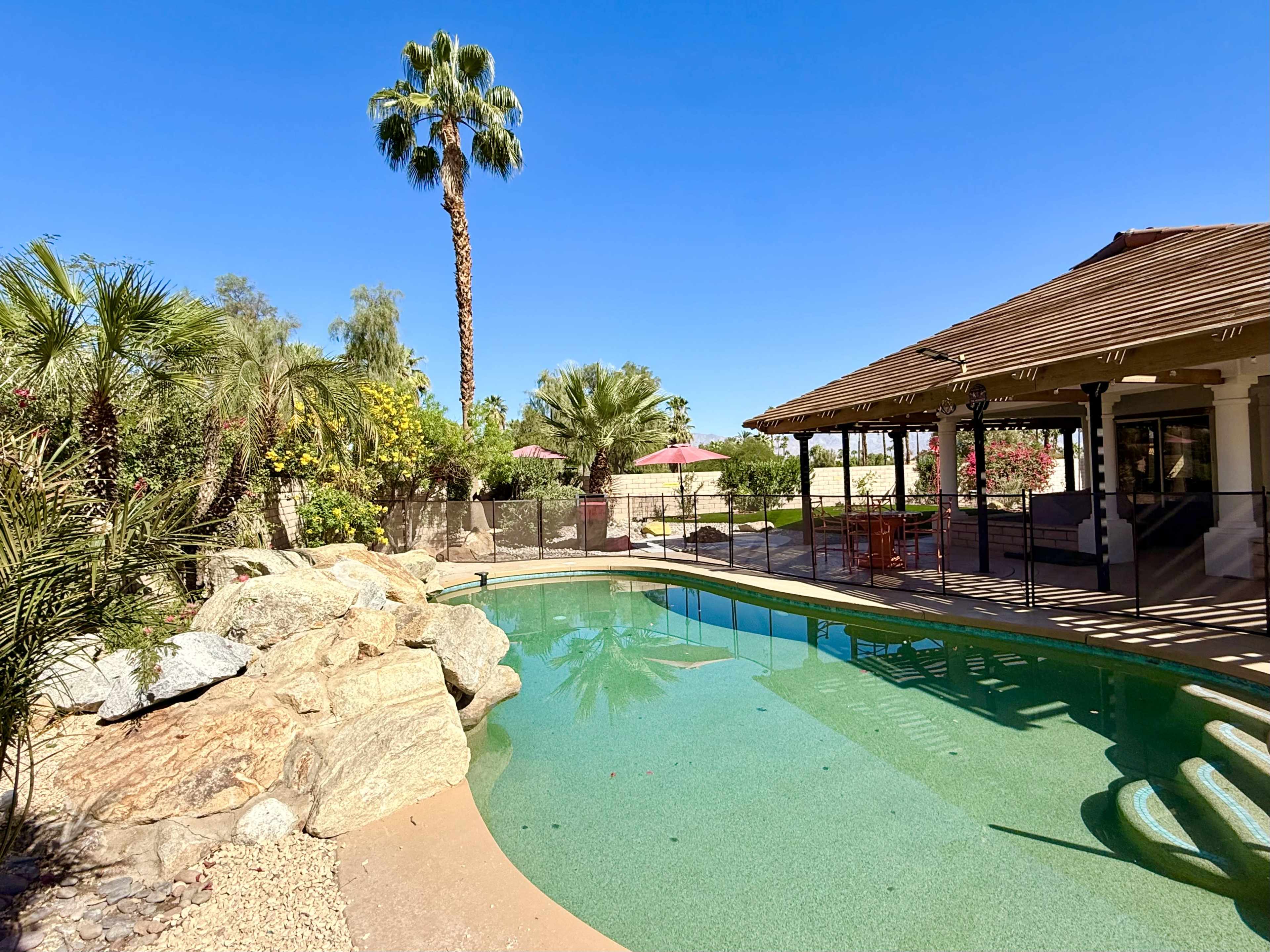 The image shows a swimming pool surrounded by palm trees and boulders, with a covered patio area in the background.