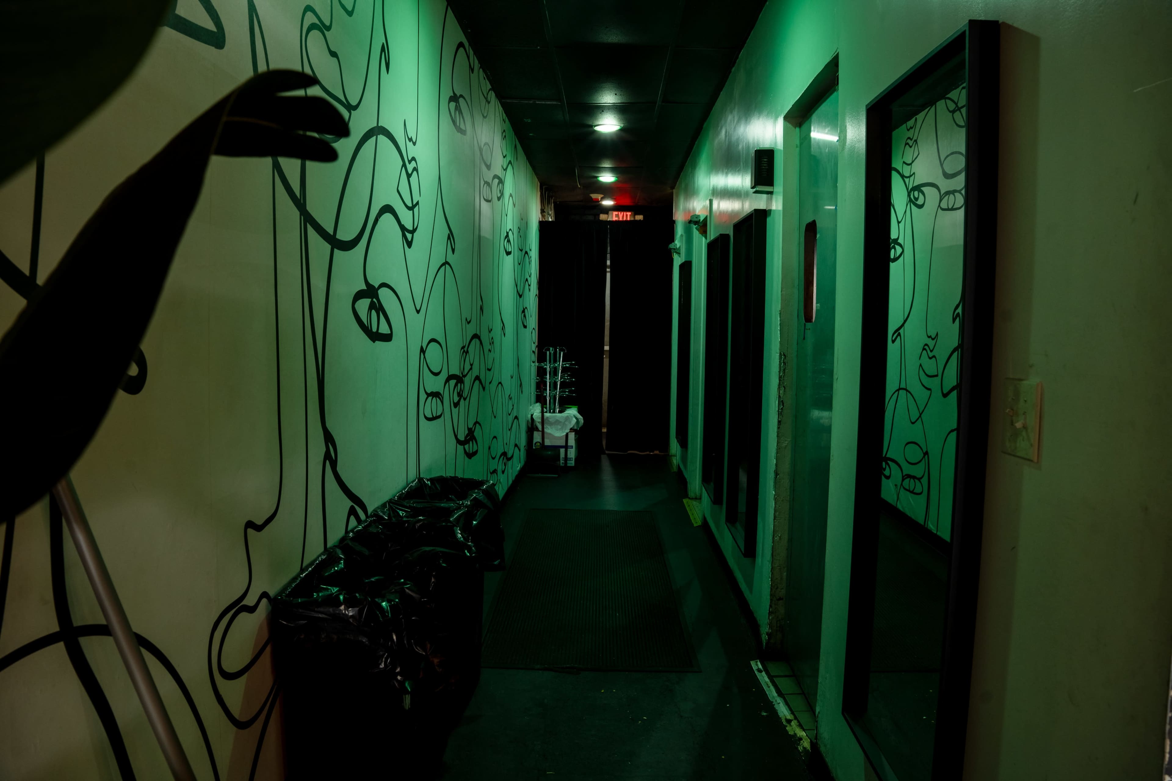 The image depicts a dimly lit hallway with green walls adorned with abstract line drawings, flanked by mirrors and a garbage can.