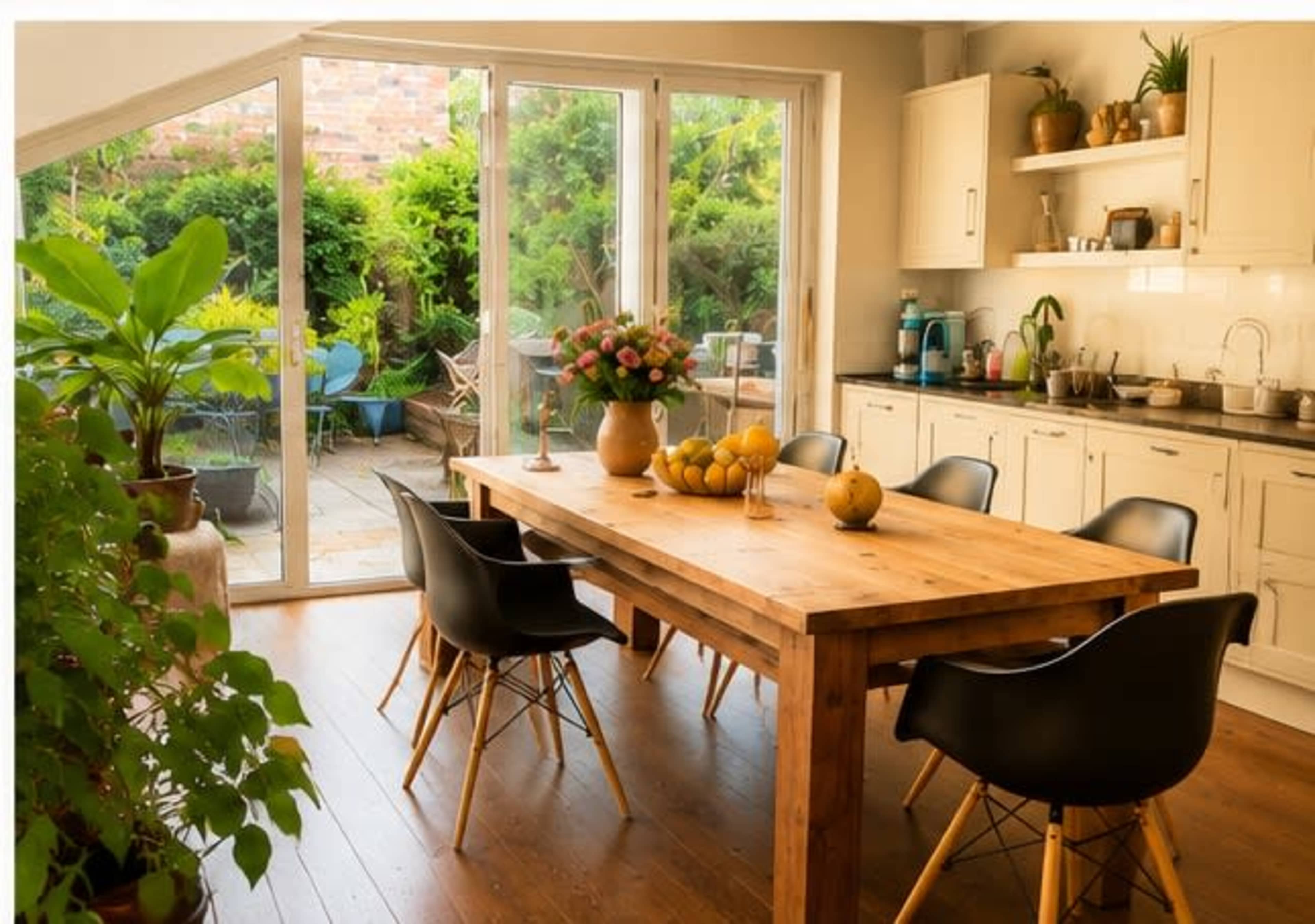 The image shows a bright kitchen dining area with a wooden table surrounded by black chairs, displaying a bouquet of flowers and fruits, alongside large glass doors leading to a lush garden.