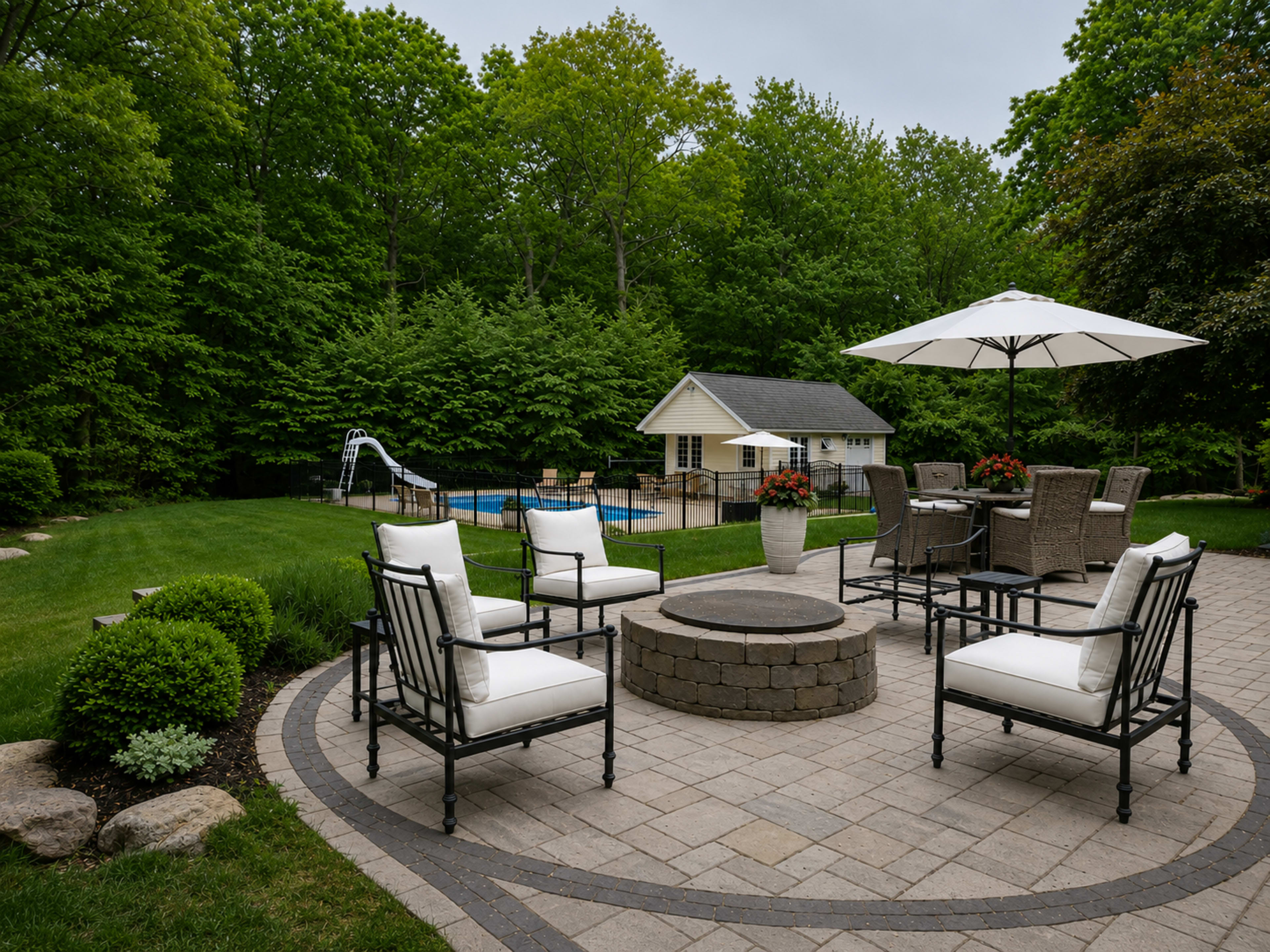 The scene features a landscaped backyard with a seating area around a fire pit, a pool in the background, and a small shed surrounded by greenery.