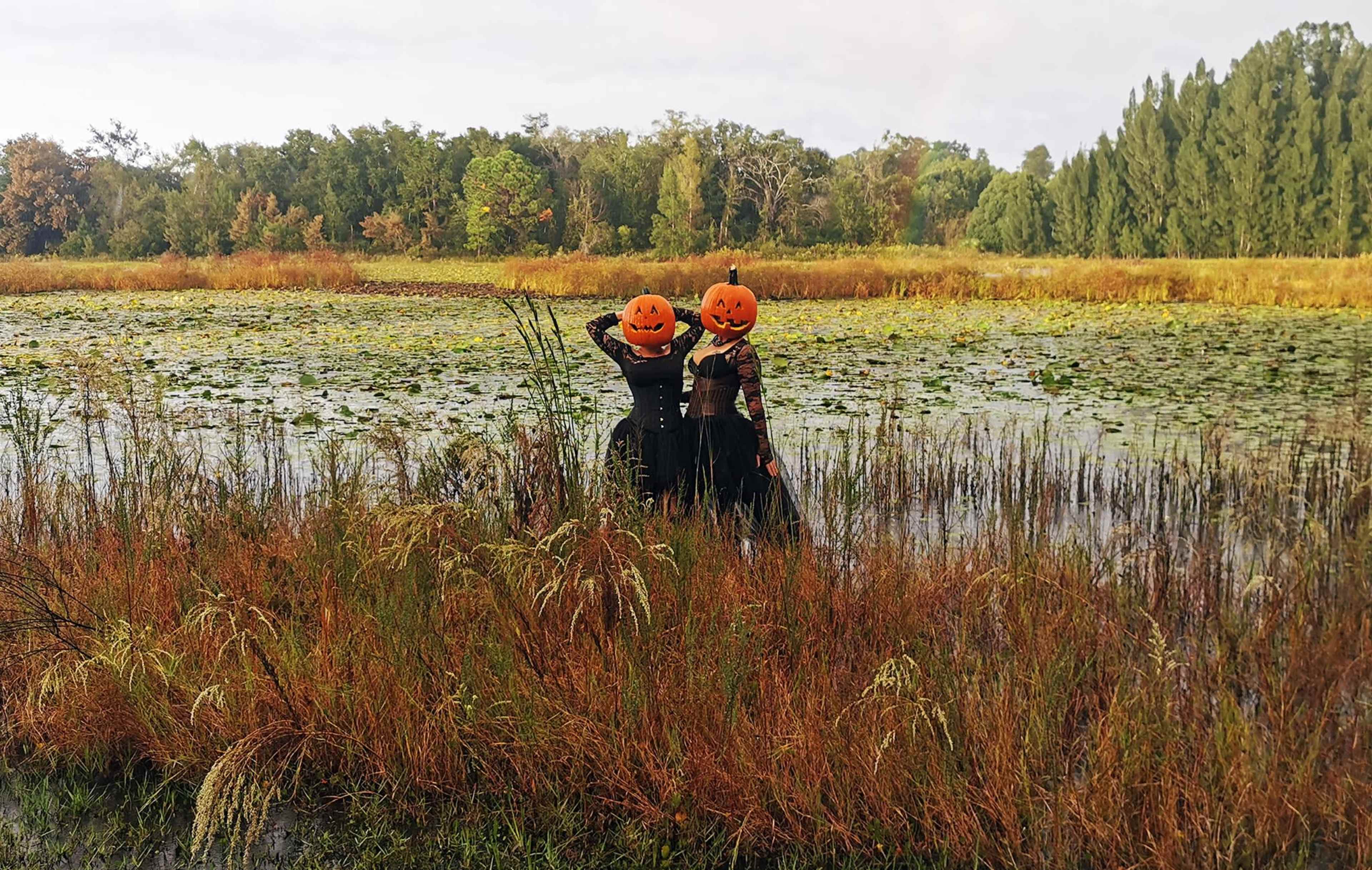 Two individuals wearing pumpkin head masks pose among tall grass and a pond filled with lily pads in a natural setting.