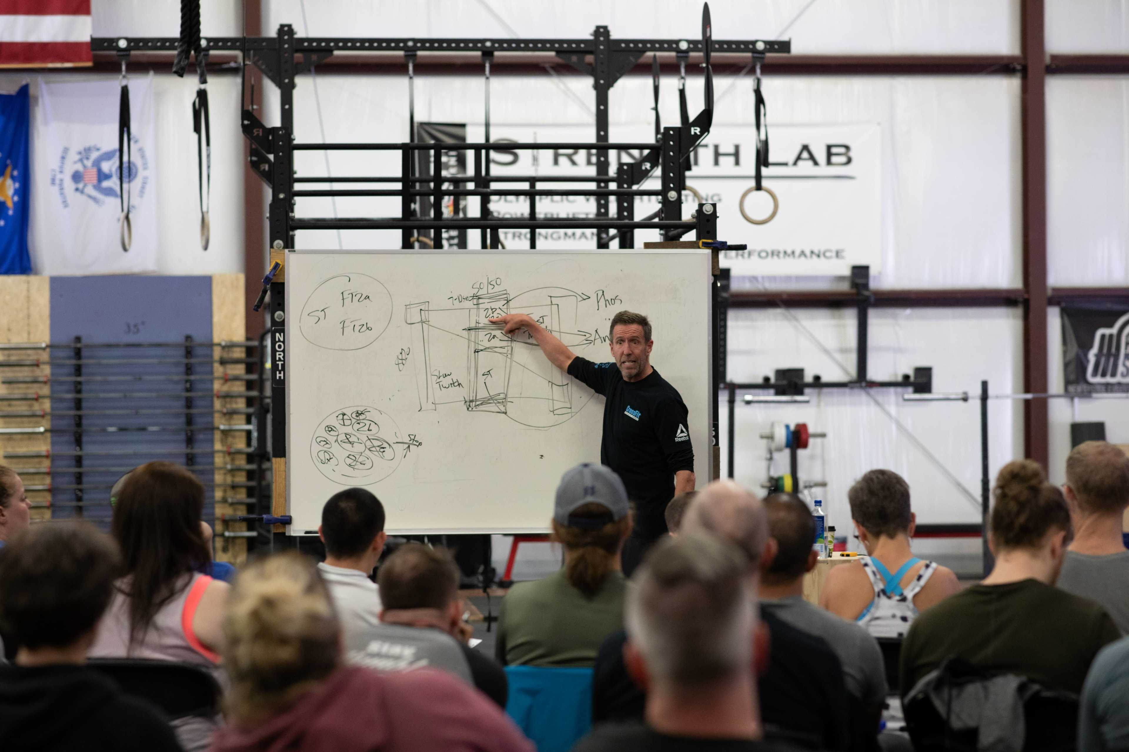A speaker conducts a workshop in front of an audience, illustrating concepts on a whiteboard in a gym setting.