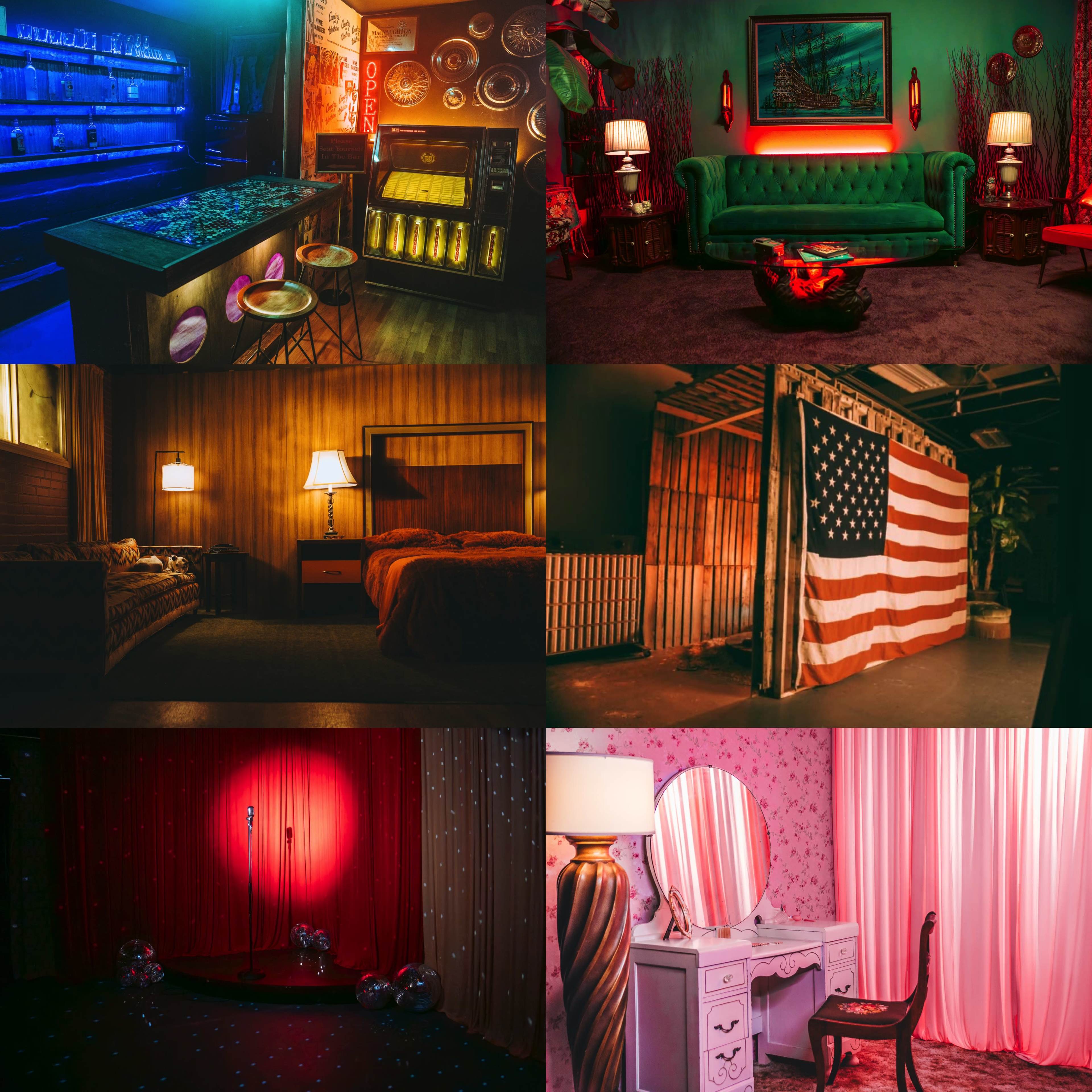 The image showcases a collage of six different rooms, each featuring distinct decor and lighting styles, including a retro bar scene, a cozy bedroom, a vintage setting with an American flag, and a whimsical stage area.