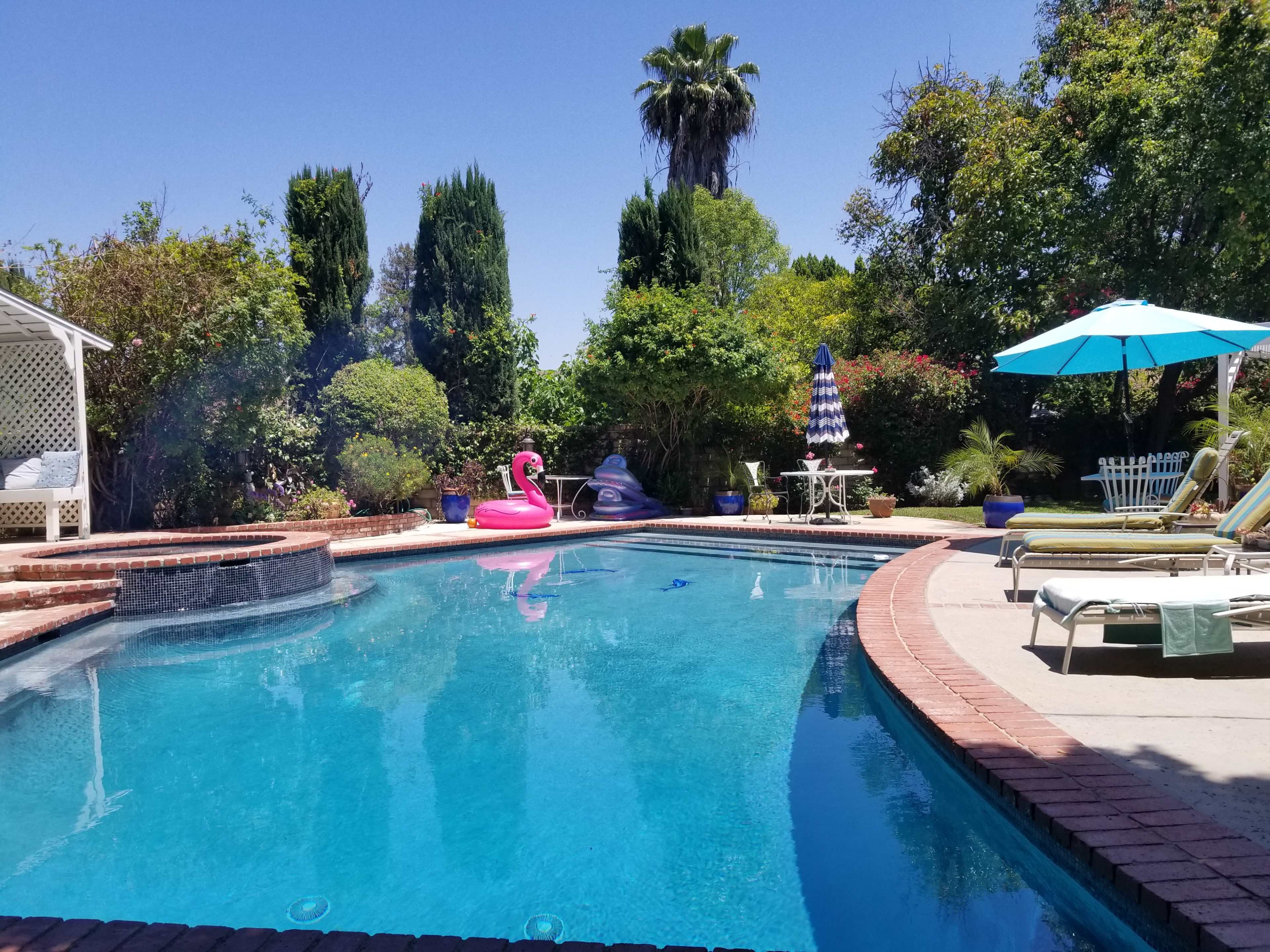 A clear blue swimming pool with a pink flamingo float and a shaded seating area surrounded by lush greenery.