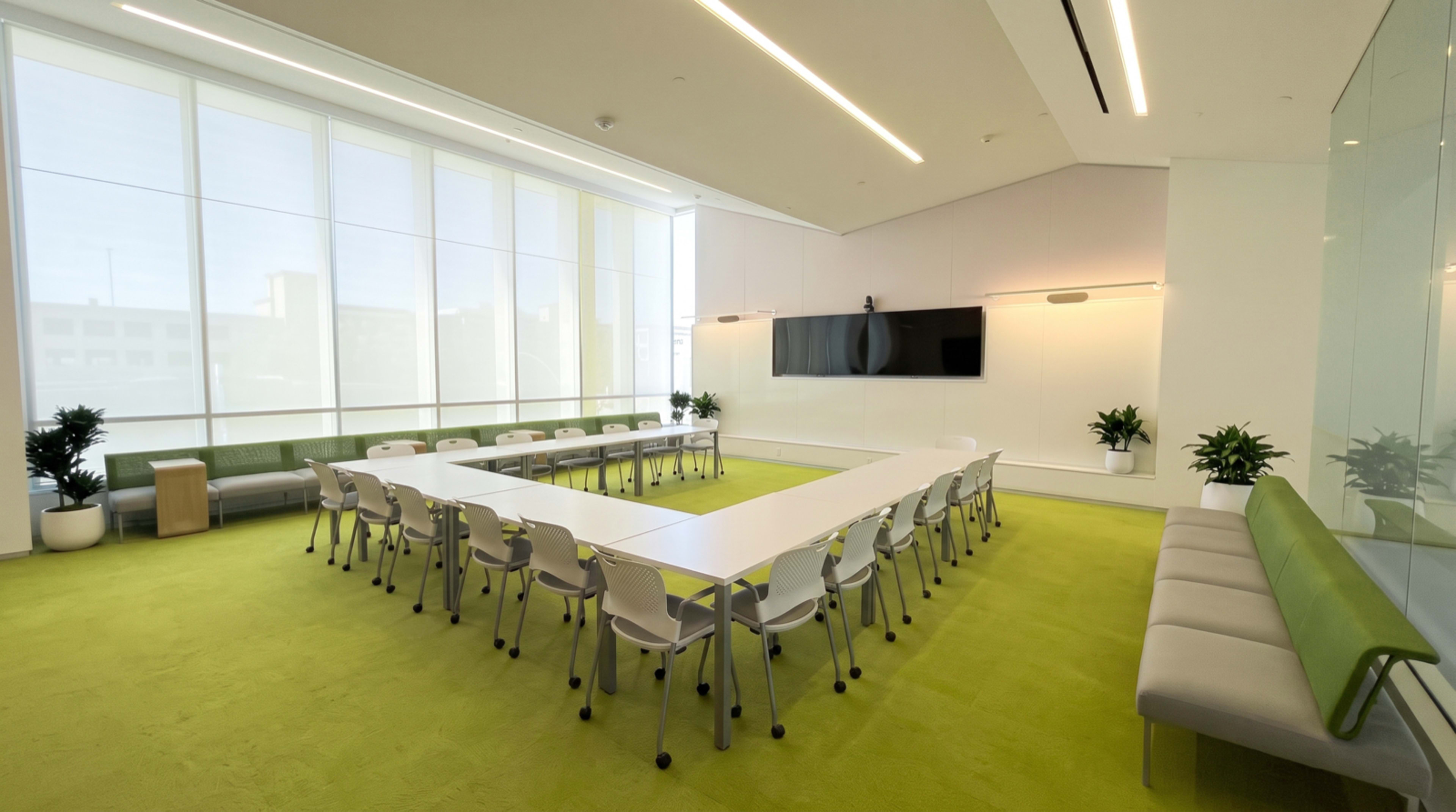 A modern conference room features a large white table arranged in a U-shape, surrounded by chairs, with a green carpet and large windows allowing natural light.
