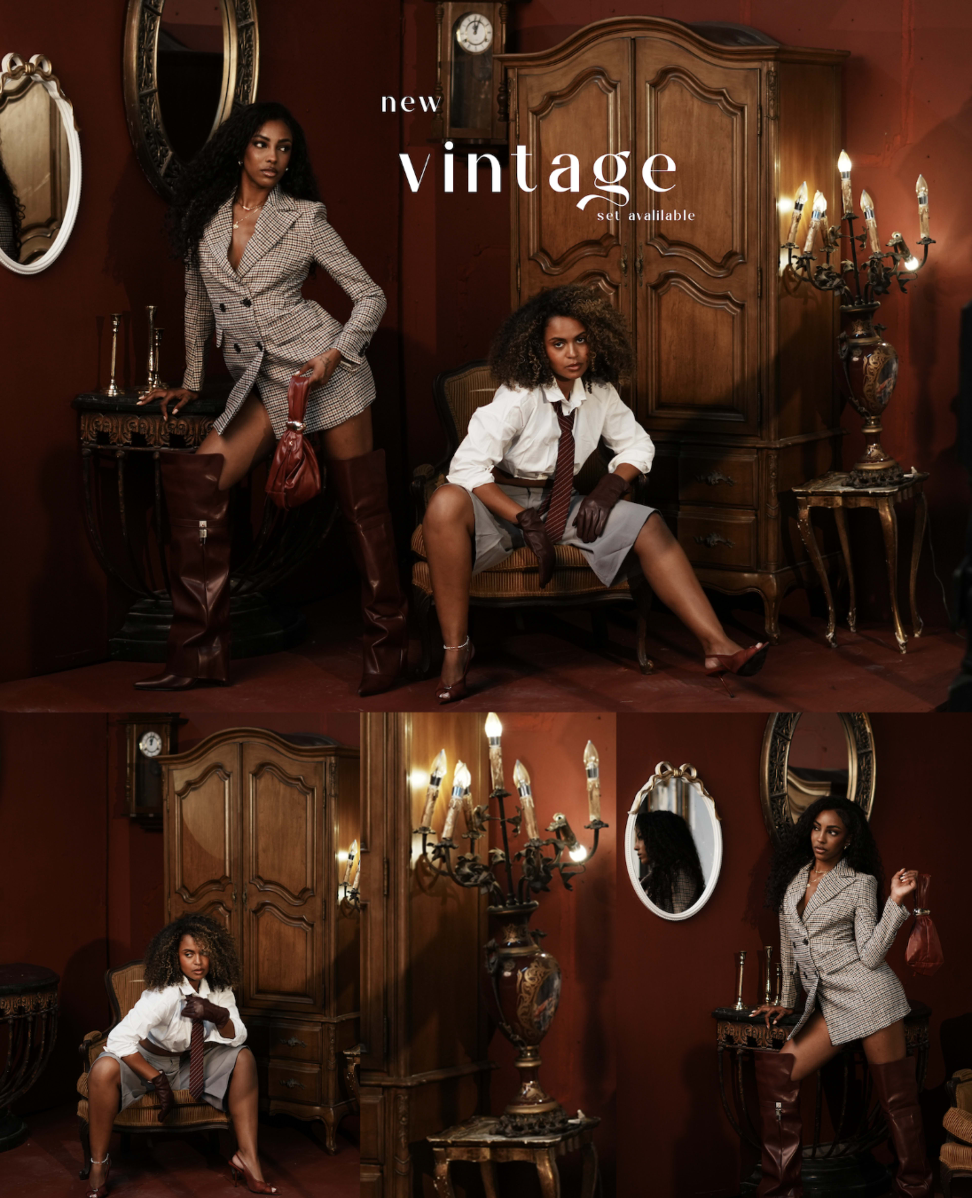 The image features a model posing in stylish outfits within an elegantly styled vintage room, complete with ornate furnishings and decorative lighting.