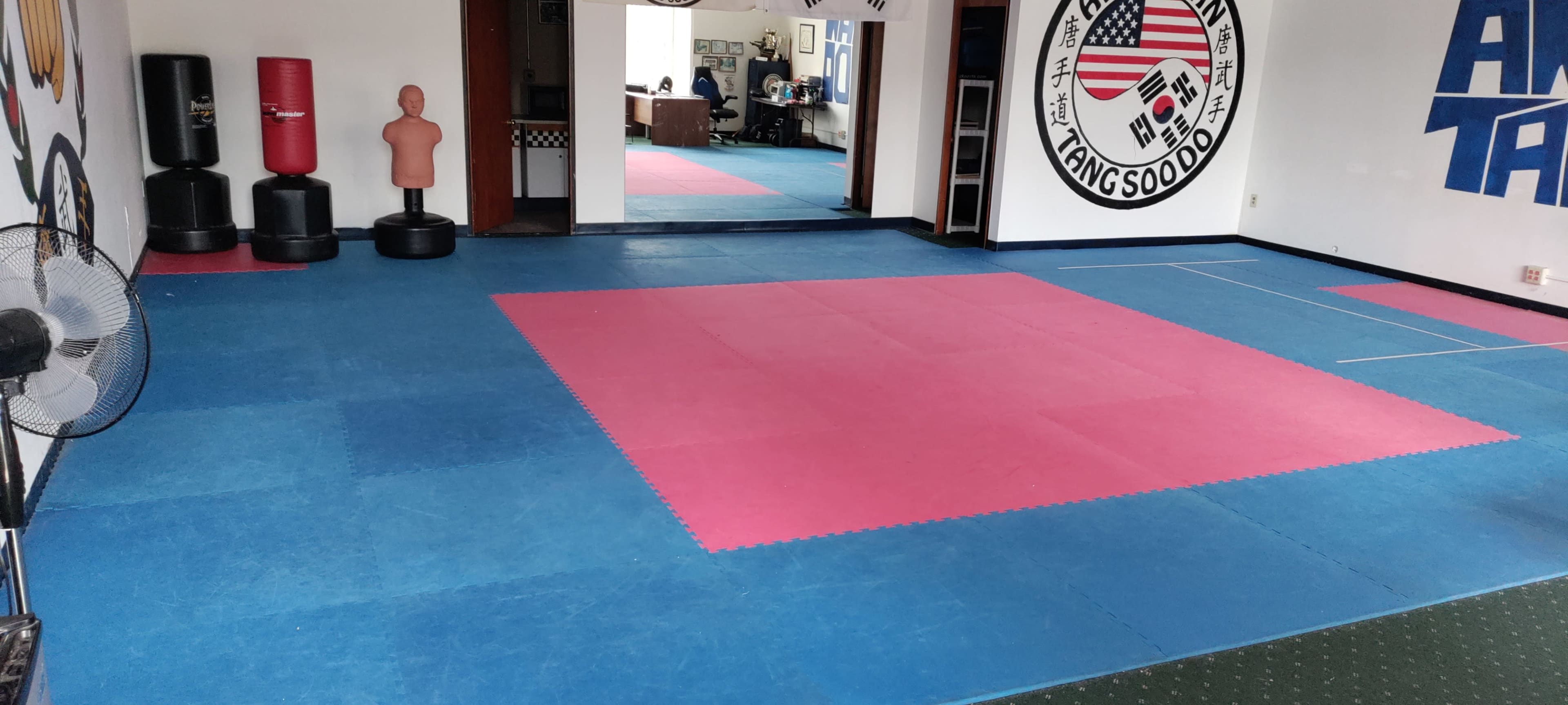 A training area with blue and pink mats, a punching bag, and a training dummy, along with an office space in the background.