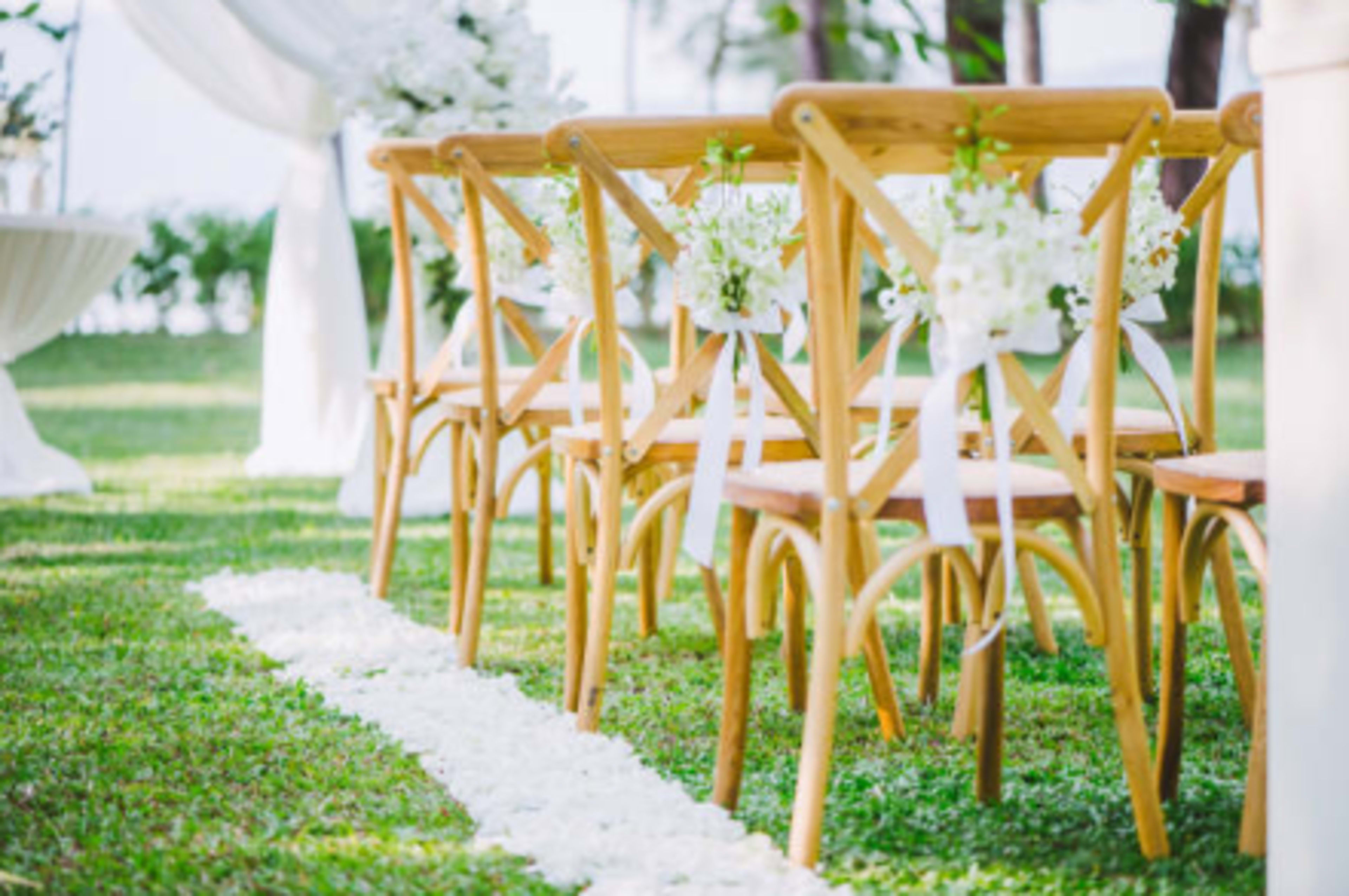 The image shows a row of wooden chairs decorated with white flowers and ribbons, set on a grassy area for a ceremony.