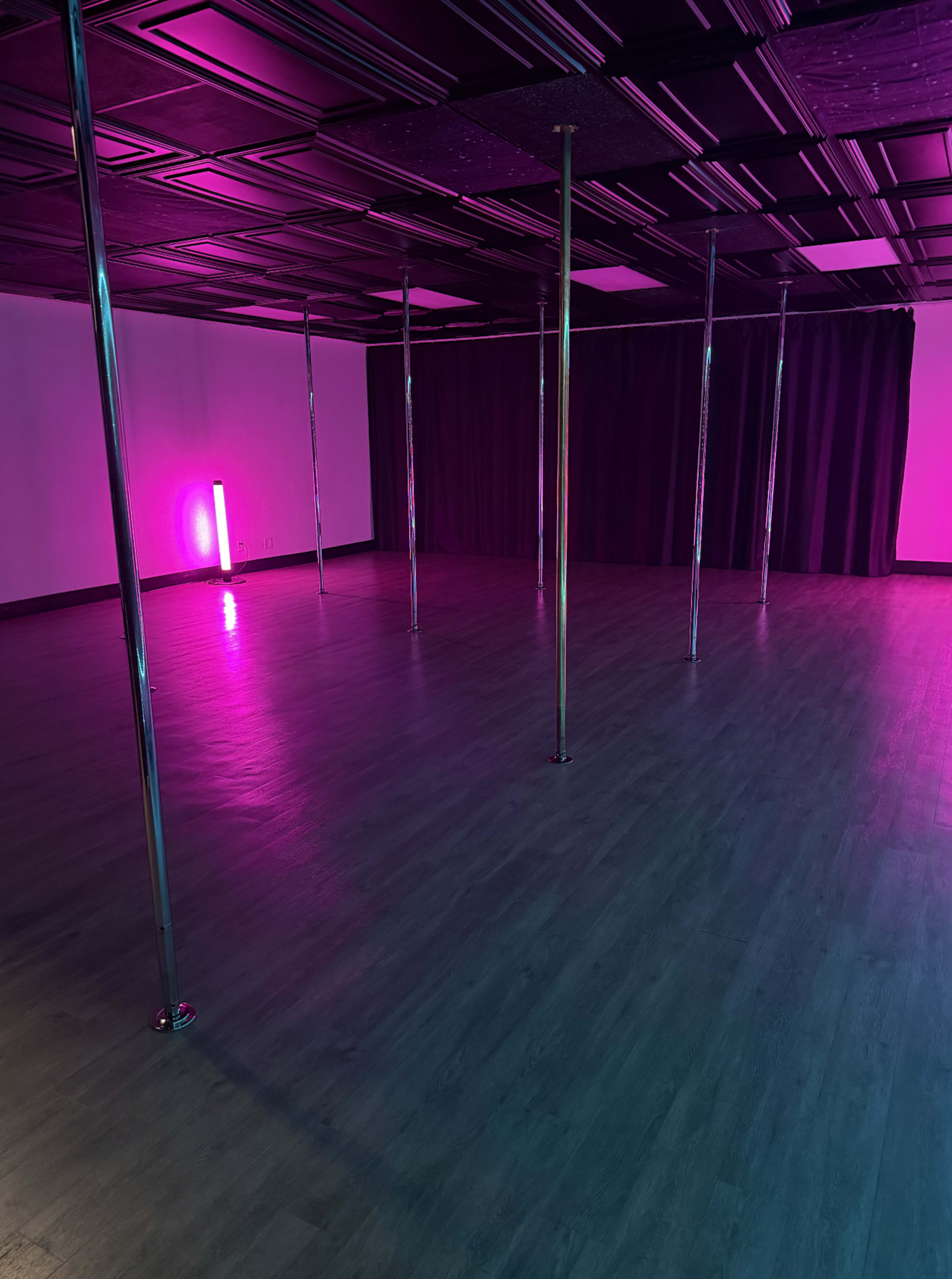 Pole Dance & Recording Space in Valley Mall with Poles or Open Dance Floor, We Provide a Neon Light Experience Image in El Monte, El Monte, CA