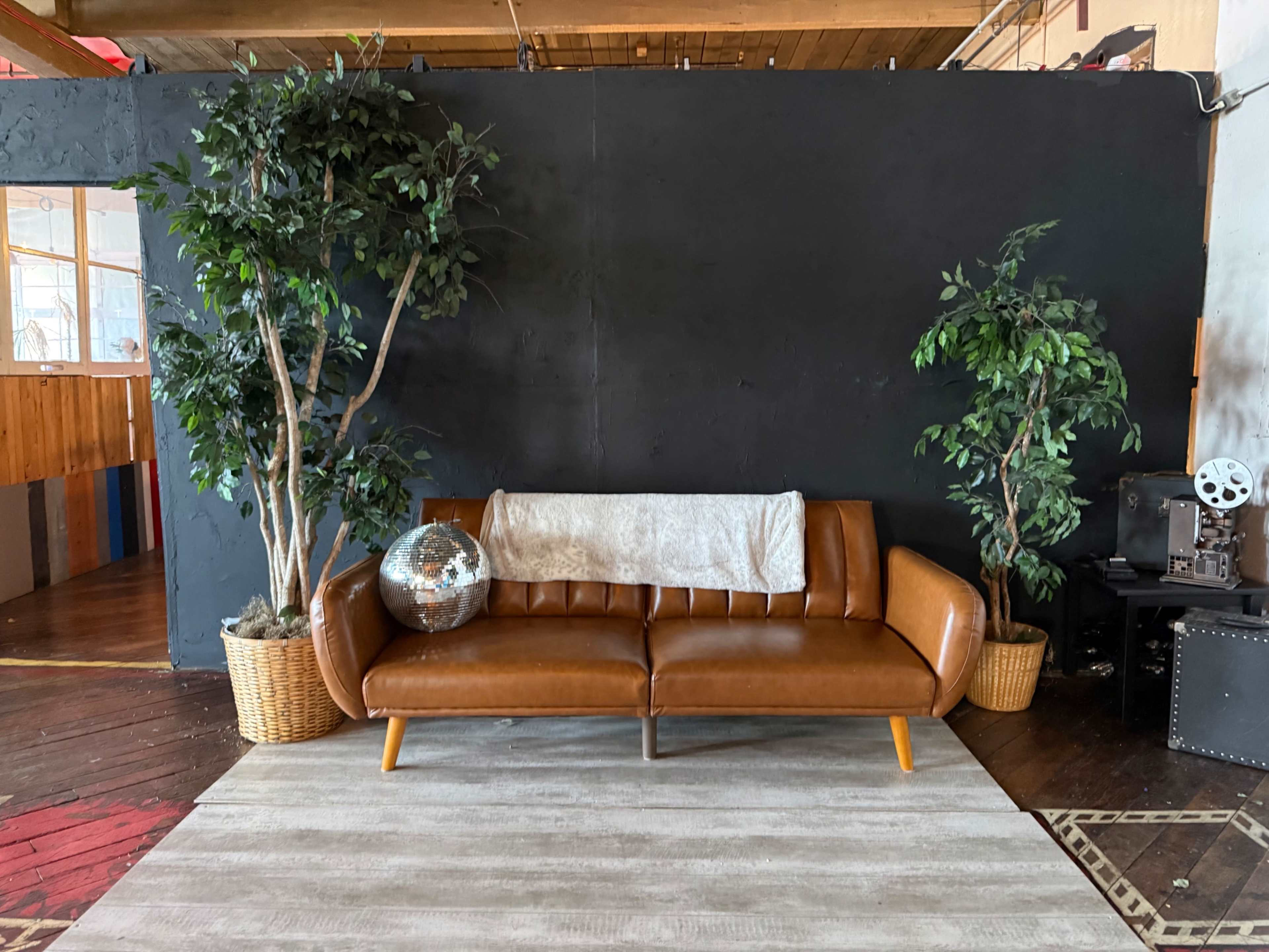 A brown leather sofa is positioned in front of a black wall, flanked by two potted plants and a decorative disco ball, with a light-colored rug beneath it.
