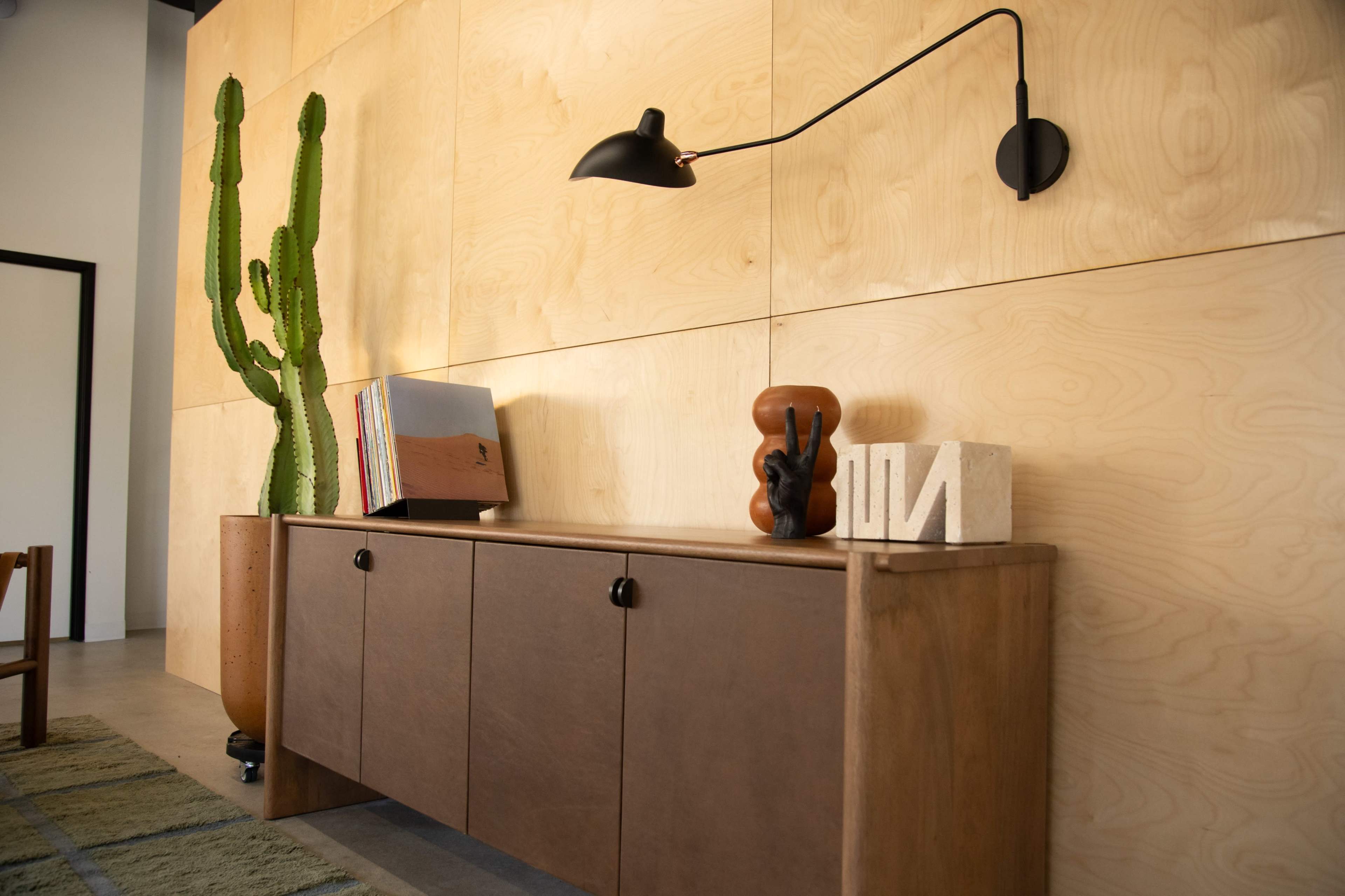 A wooden sideboard is positioned against a plywood wall, accompanied by a cactus, decorative items, and a wall-mounted lamp.