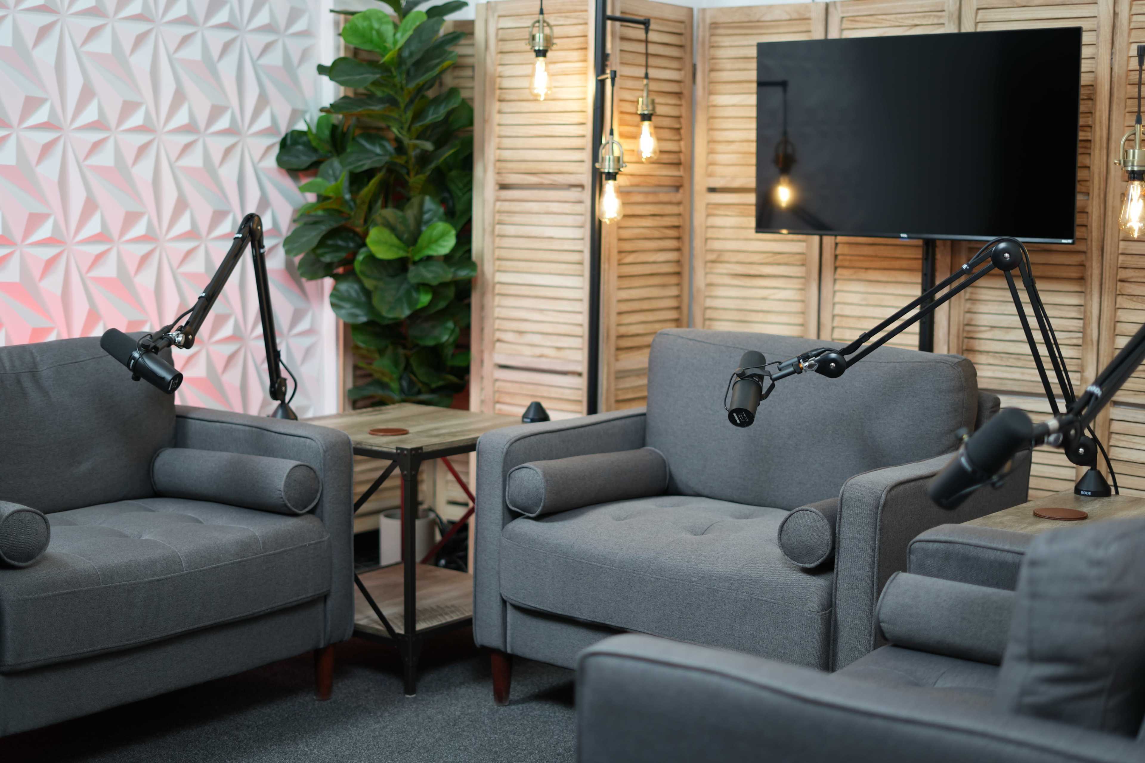 The image shows a cozy studio setup with two gray armchairs, a small wooden table, and a large wall-mounted screen, surrounded by decorative plants and industrial-style lighting.