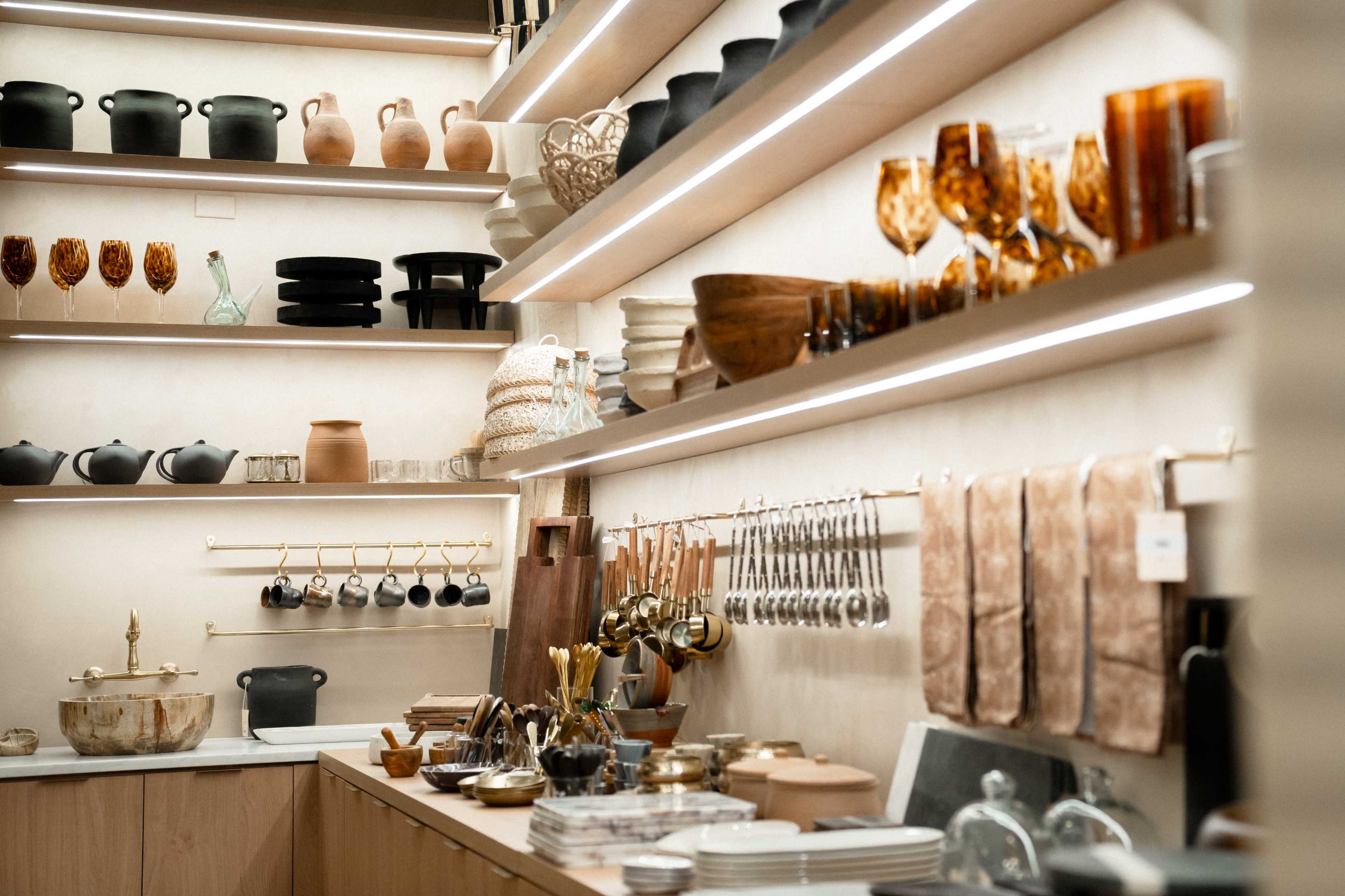 A neatly organized kitchen display features various cookware, glassware, and utensils arranged on shelves and countertops.
