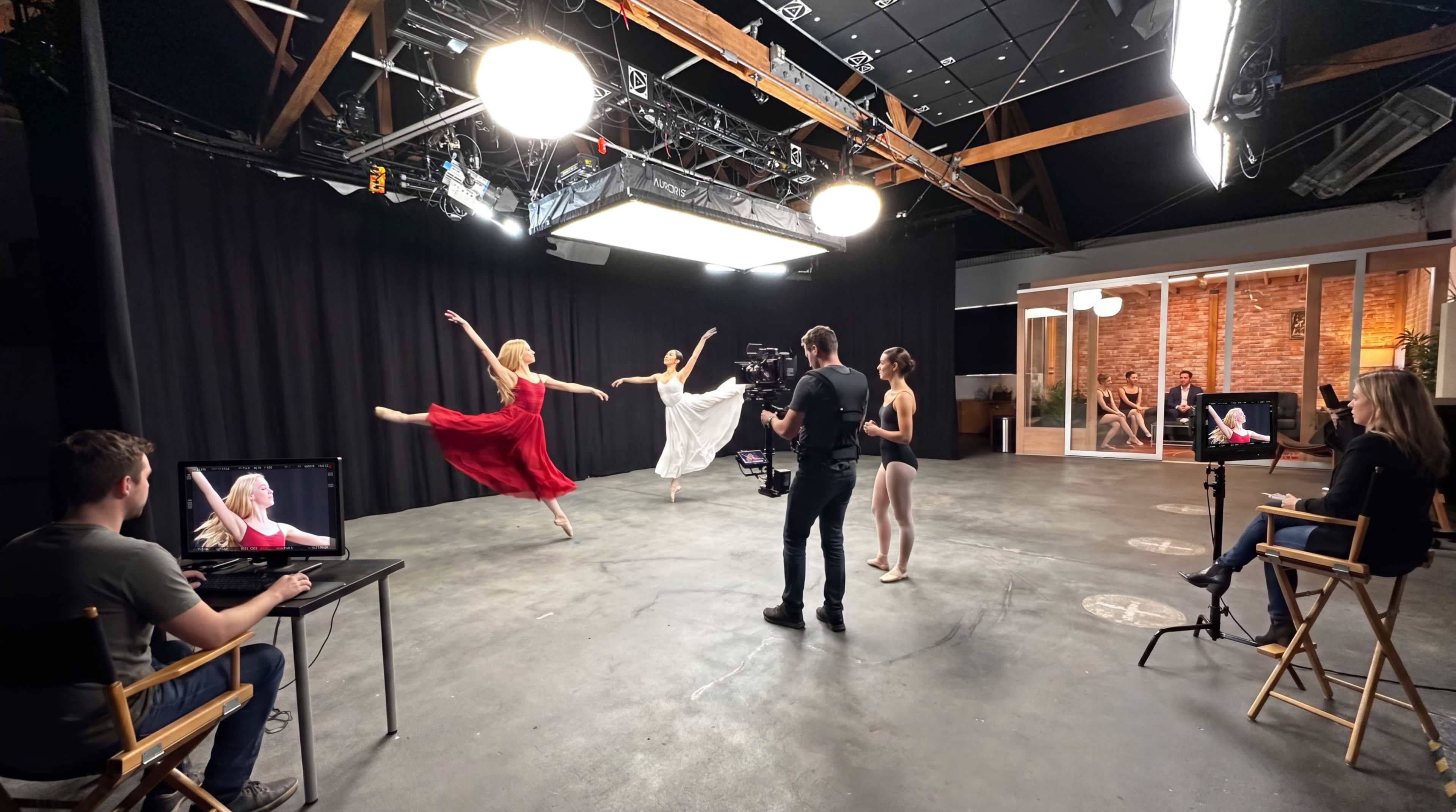 A group of dancers performs on a studio set while a camera operator captures the scene, and a crew observes from nearby.