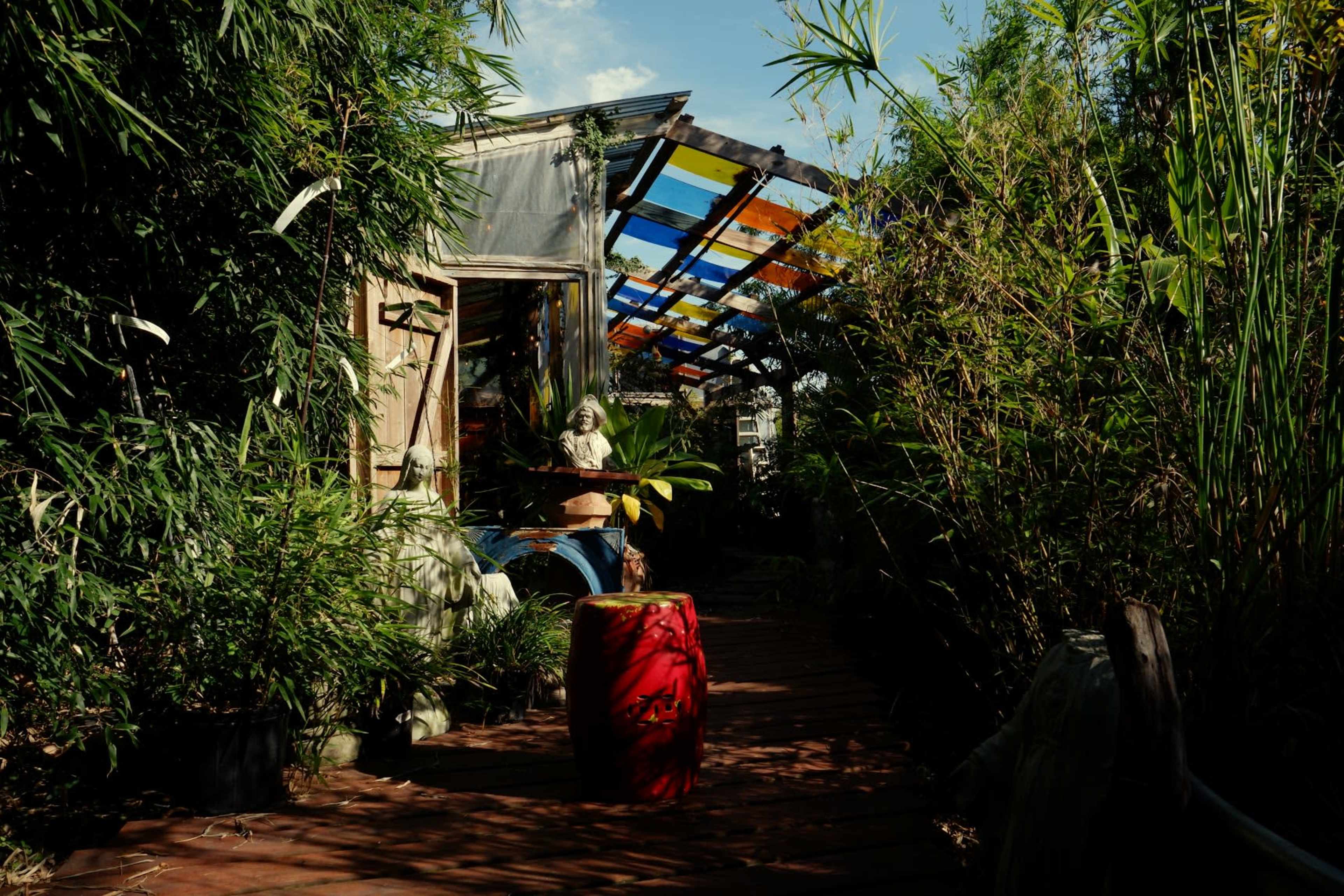 A narrow pathway leads through lush greenery to a vibrant shack with a colorful roof.
