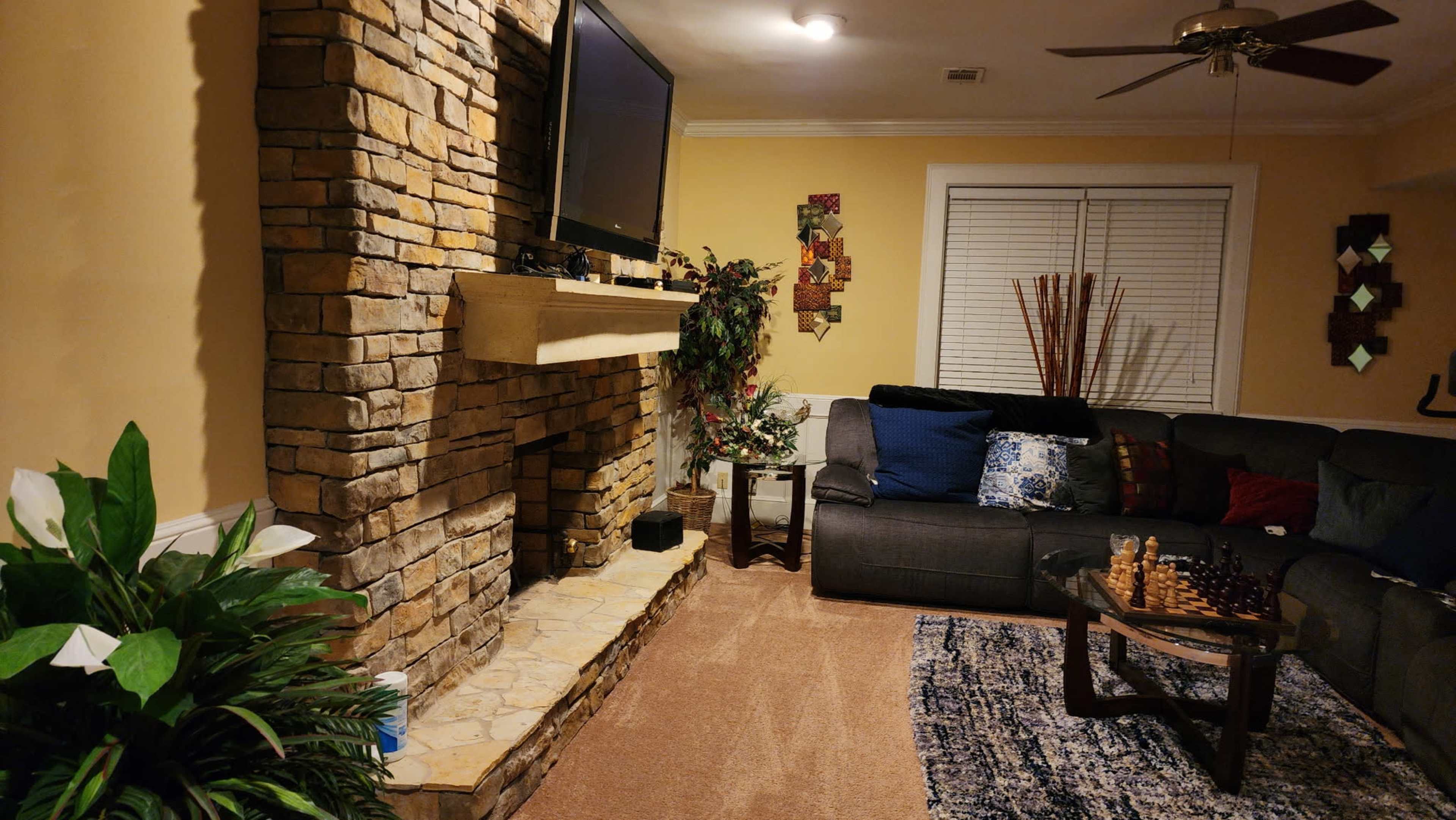 The image shows a cozy living room with a stone fireplace, a dark gray sofa, a wooden coffee table, and decorative plants.