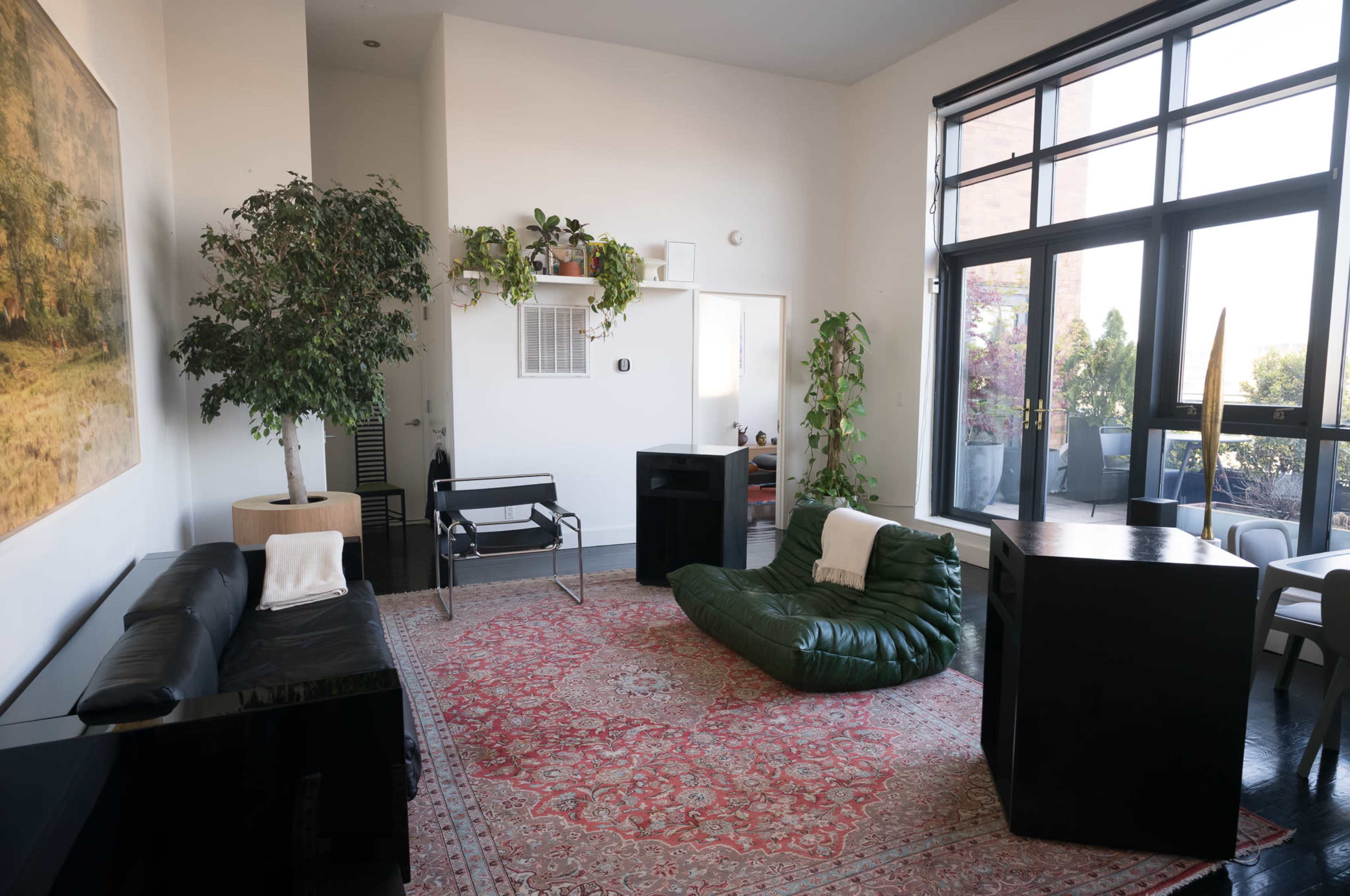The image shows a modern living room with a black couch, a green bean bag chair, and a large rug, complemented by a tall plant and large windows that let in natural light.