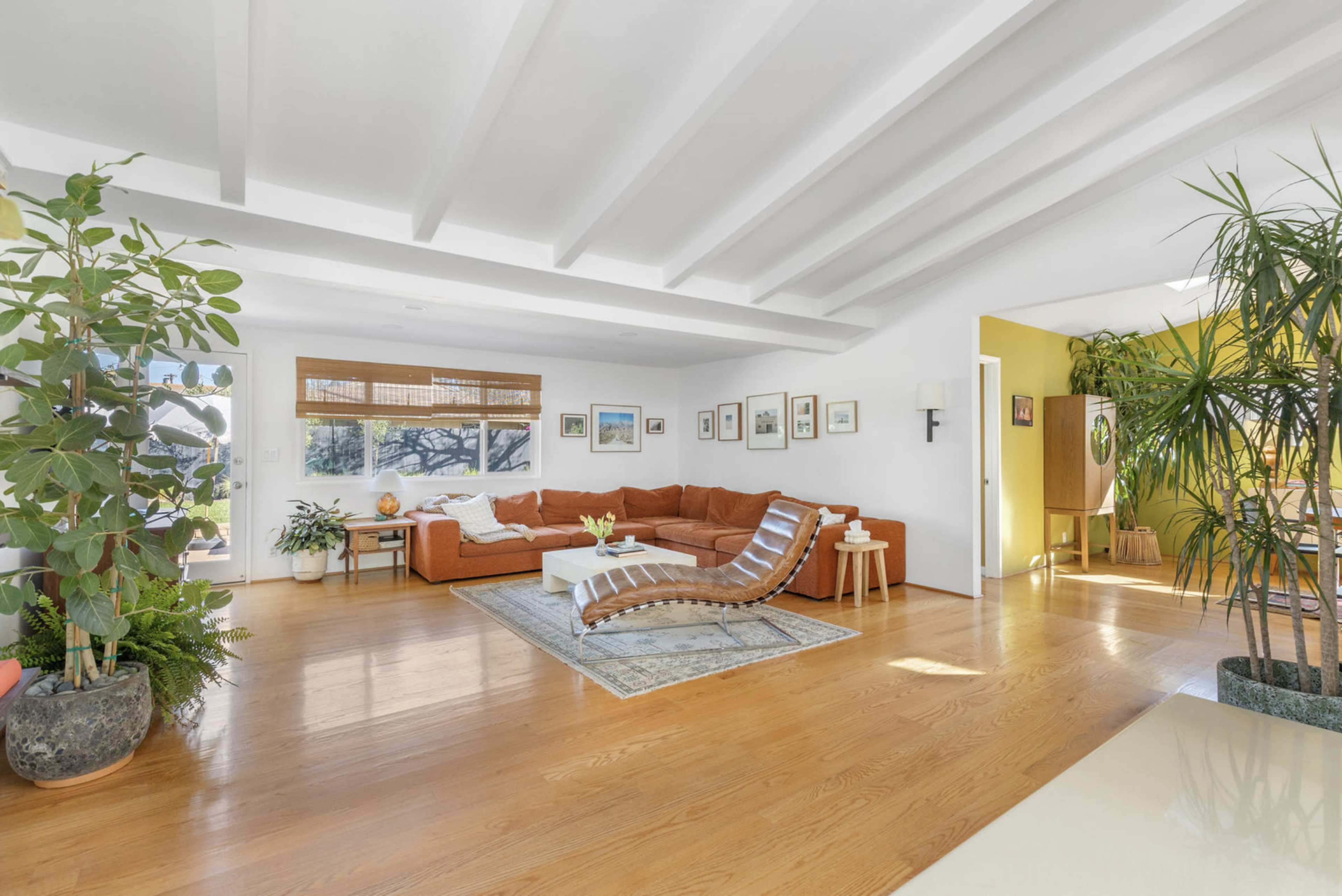 The image shows a bright living room with a large orange sectional sofa, a coffee table, and various potted plants, featuring white walls and wooden flooring.