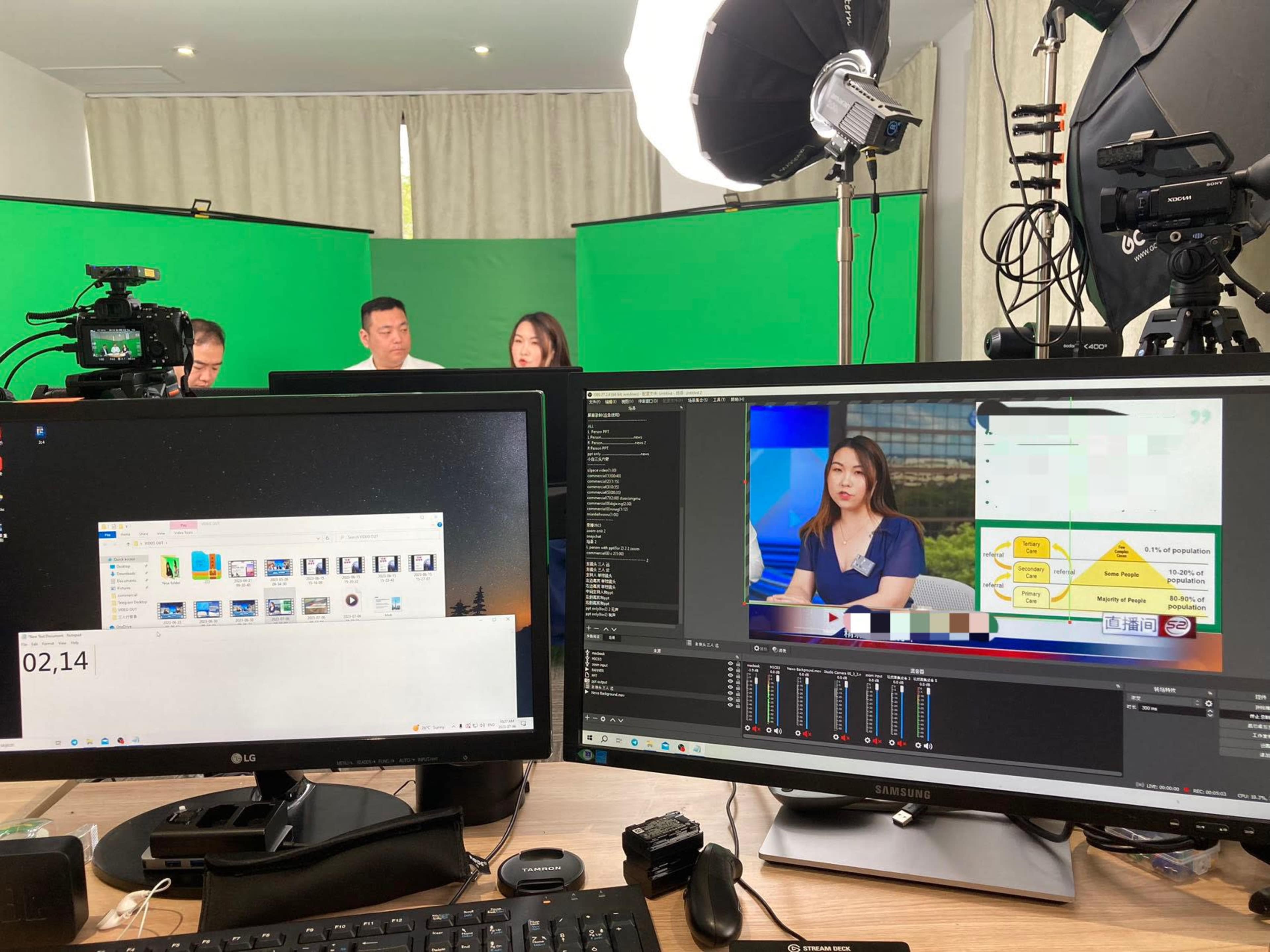 A video production setup with multiple cameras, green screens, and computer monitors displaying a live broadcast featuring a presenter.