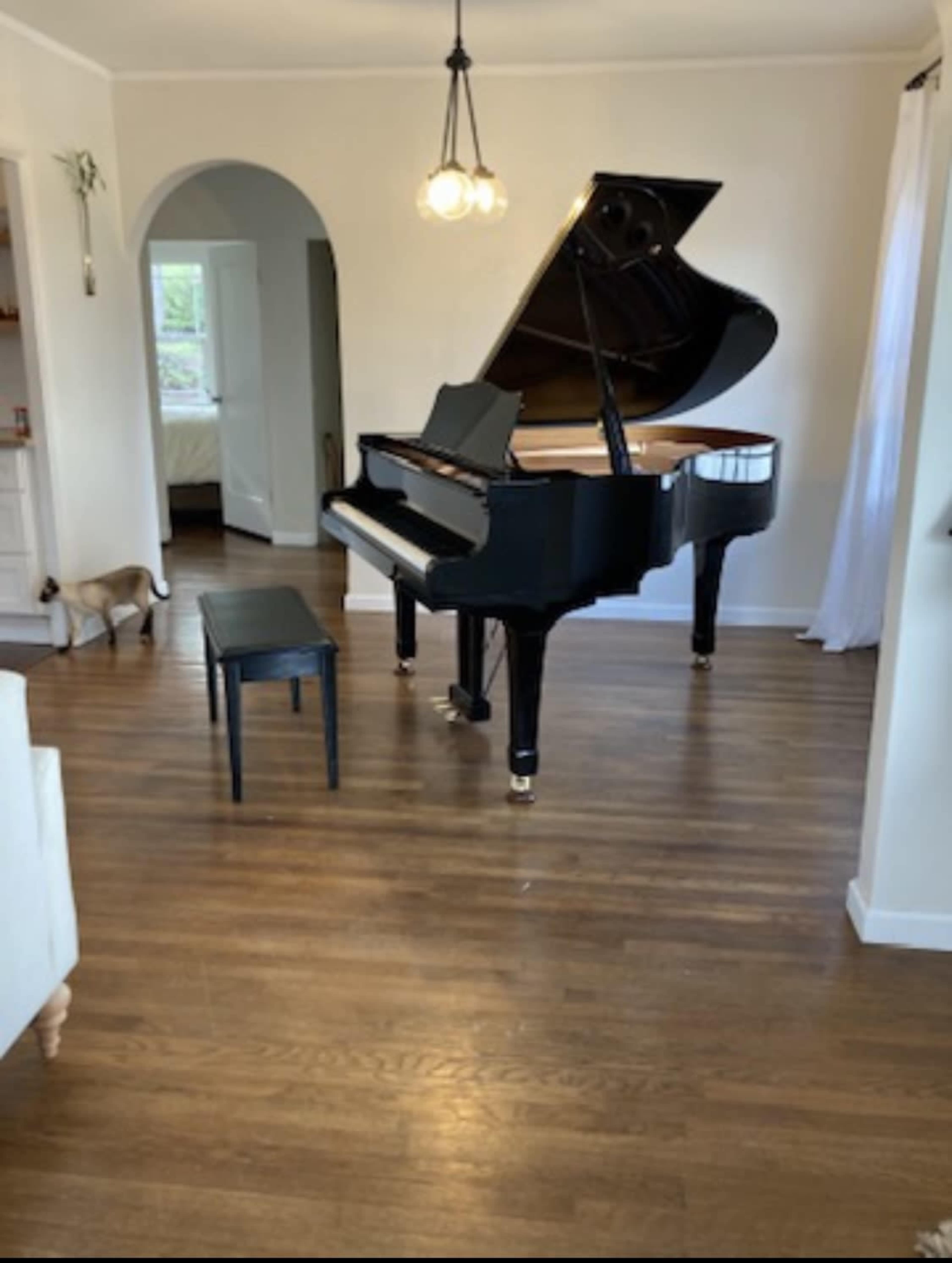 A grand piano and a black bench are positioned in a well-lit room with wooden floors and an arched doorway in the background.