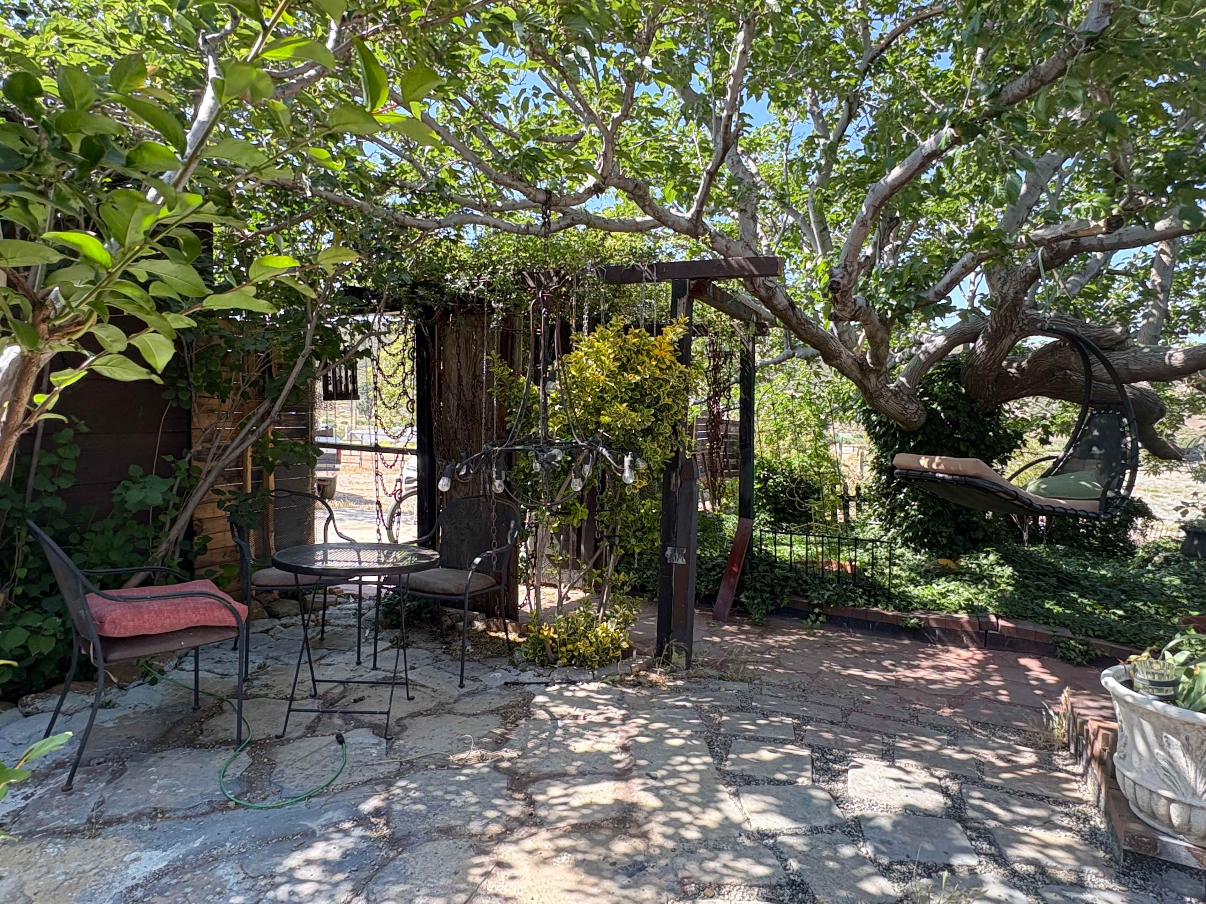 A shaded outdoor seating area features a small table and chairs surrounded by greenery and a large tree.