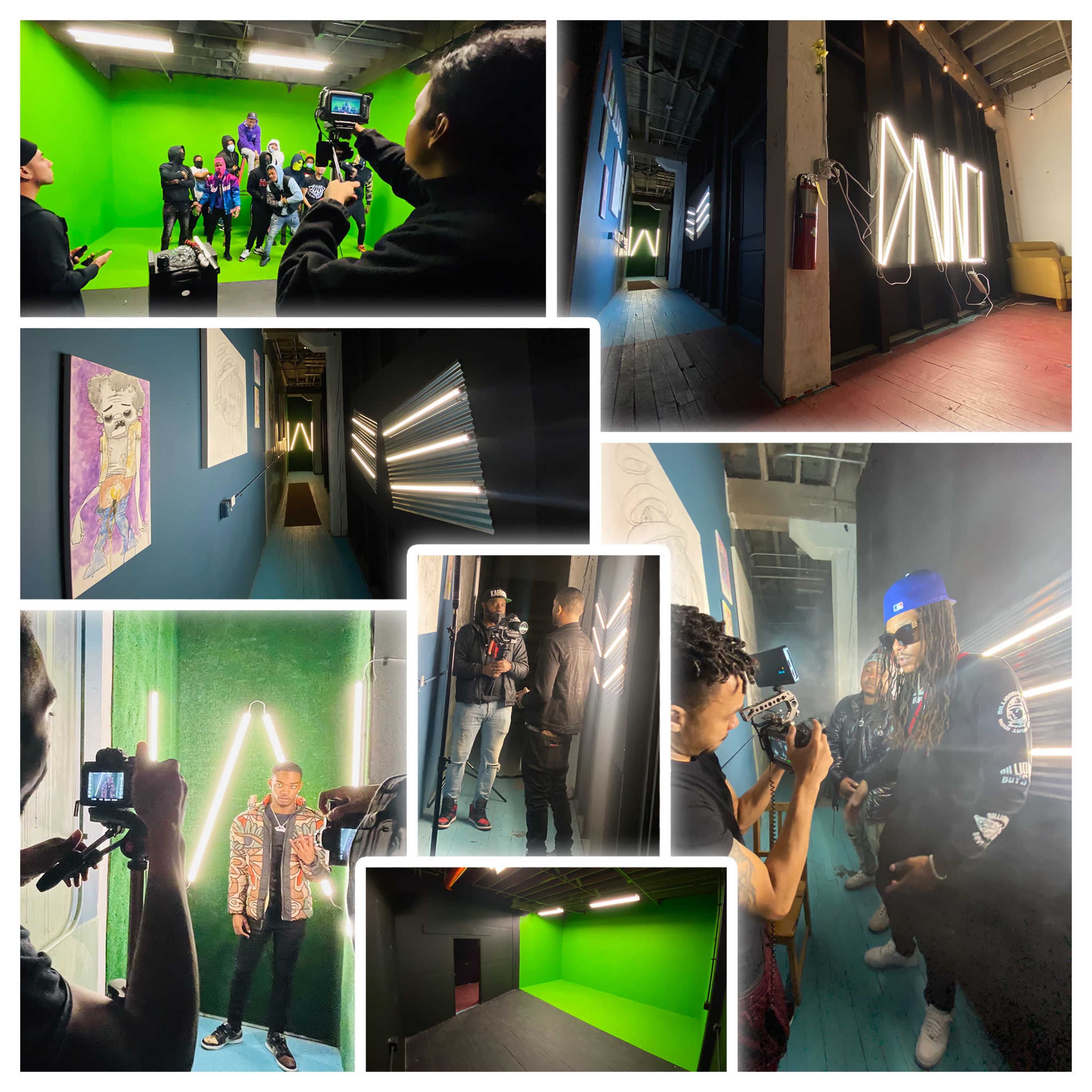 A photoshoot set in a spacious studio with a green screen, illuminated hallways, and various artistic installations.