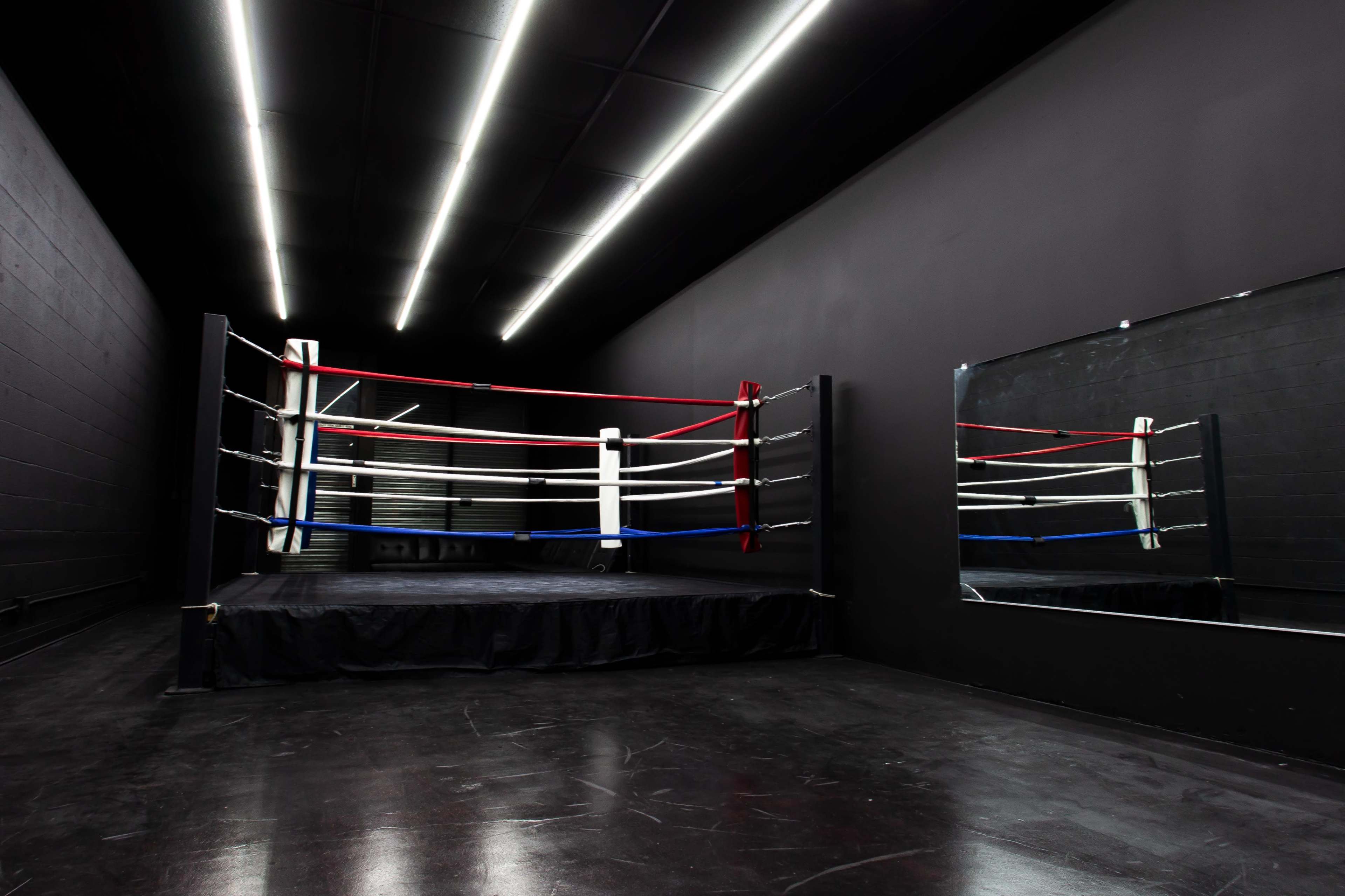 The image shows an empty boxing ring with red and blue corner pads, set against a black wall and illuminated by overhead lights, with a mirror reflecting the scene.