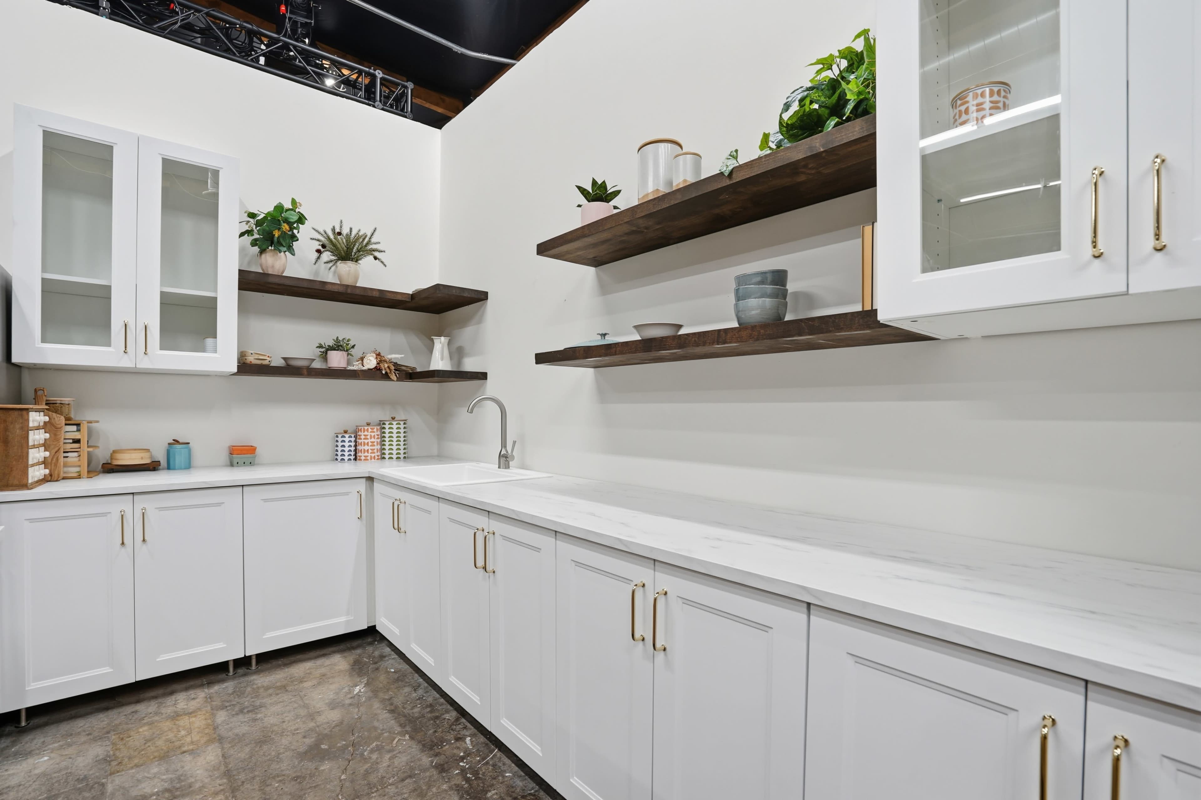 The image shows a modern kitchen with white cabinetry and open shelving displaying plants and dishware against a light-colored wall.