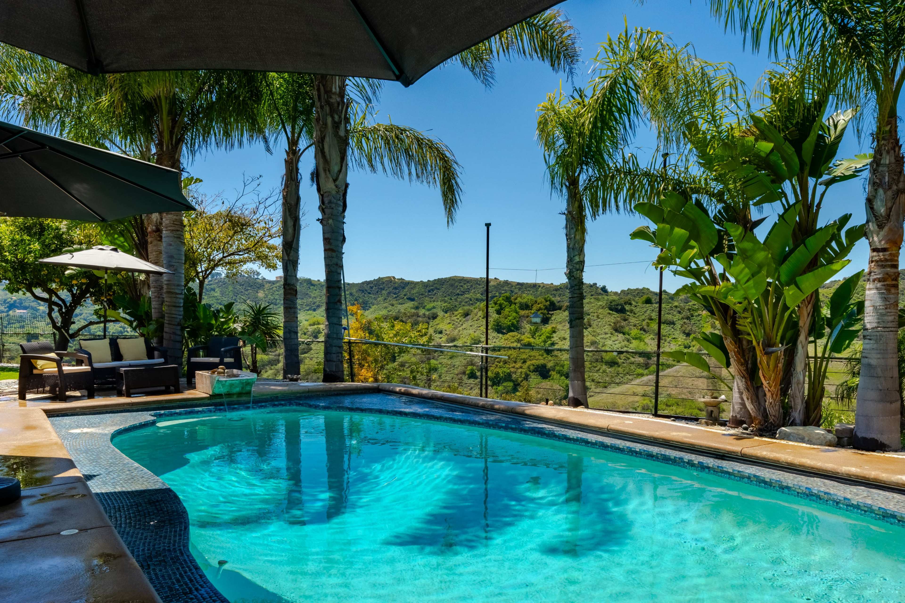 A swimming pool surrounded by palm trees and lush greenery overlooks a hilly landscape.