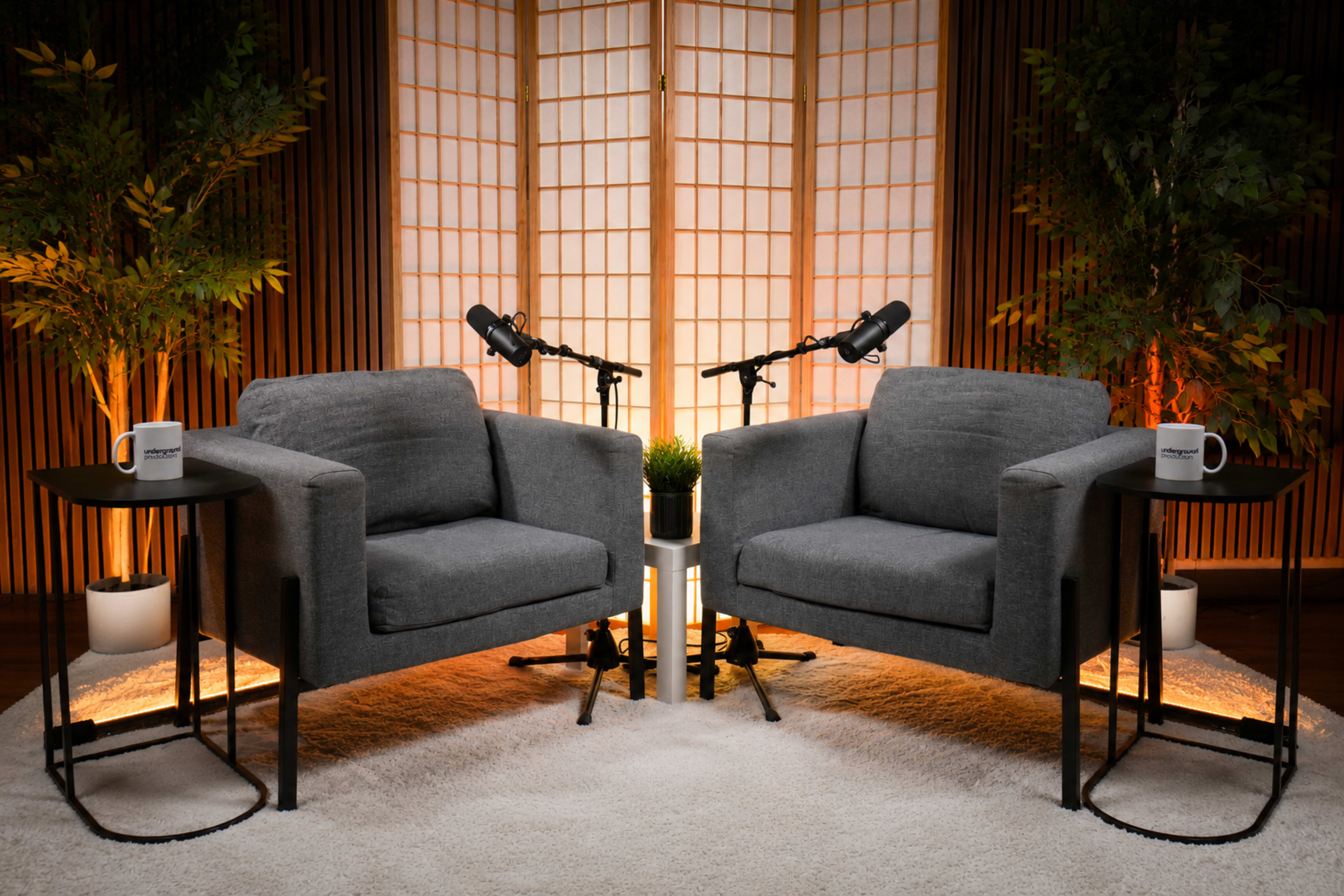The image shows two gray armchairs facing each other, flanked by plants and equipped with microphones, set against a backdrop of a wooden screen.