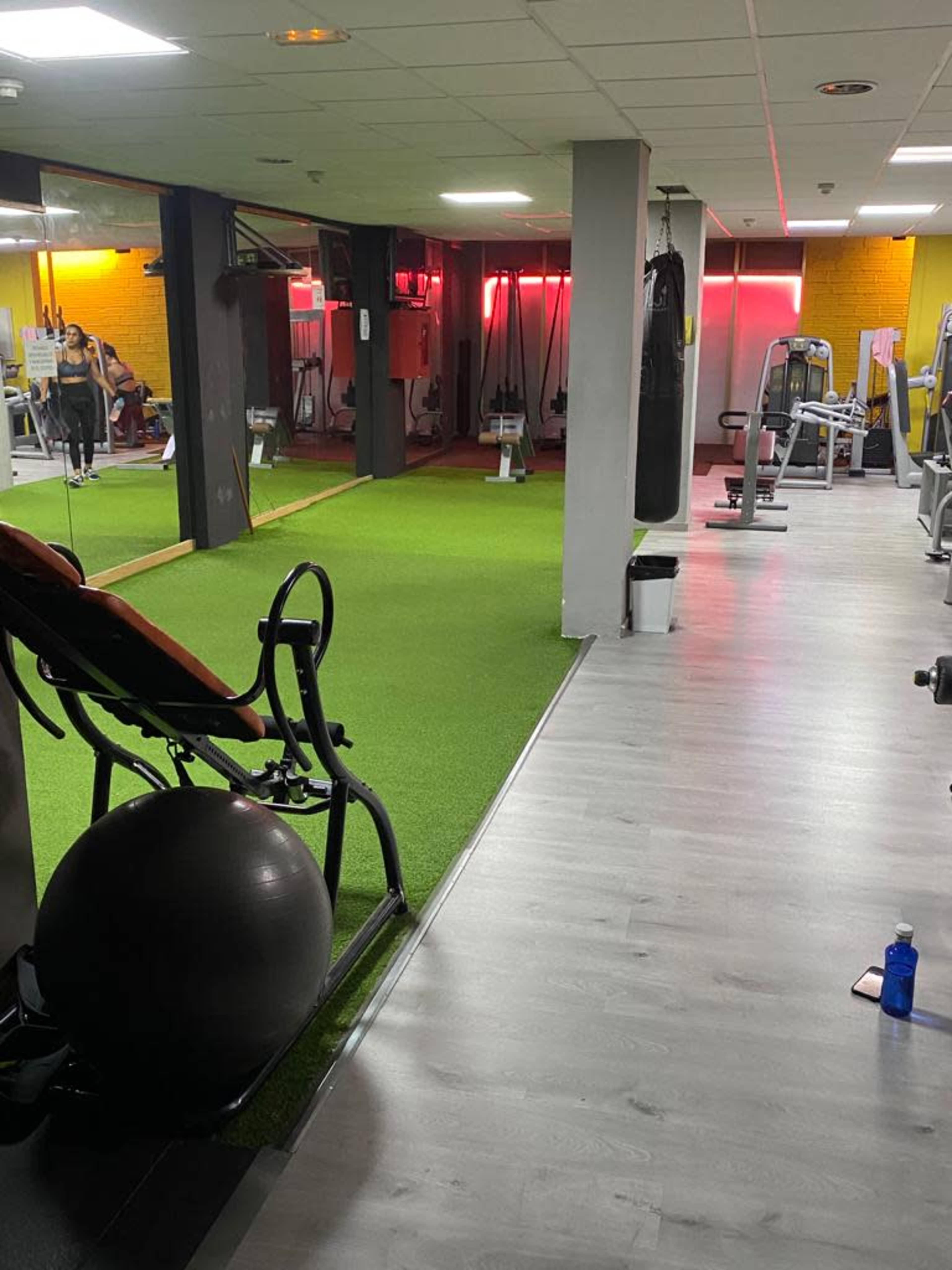 A gym interior with green turf flooring, exercise equipment, and dim lights in the background.
