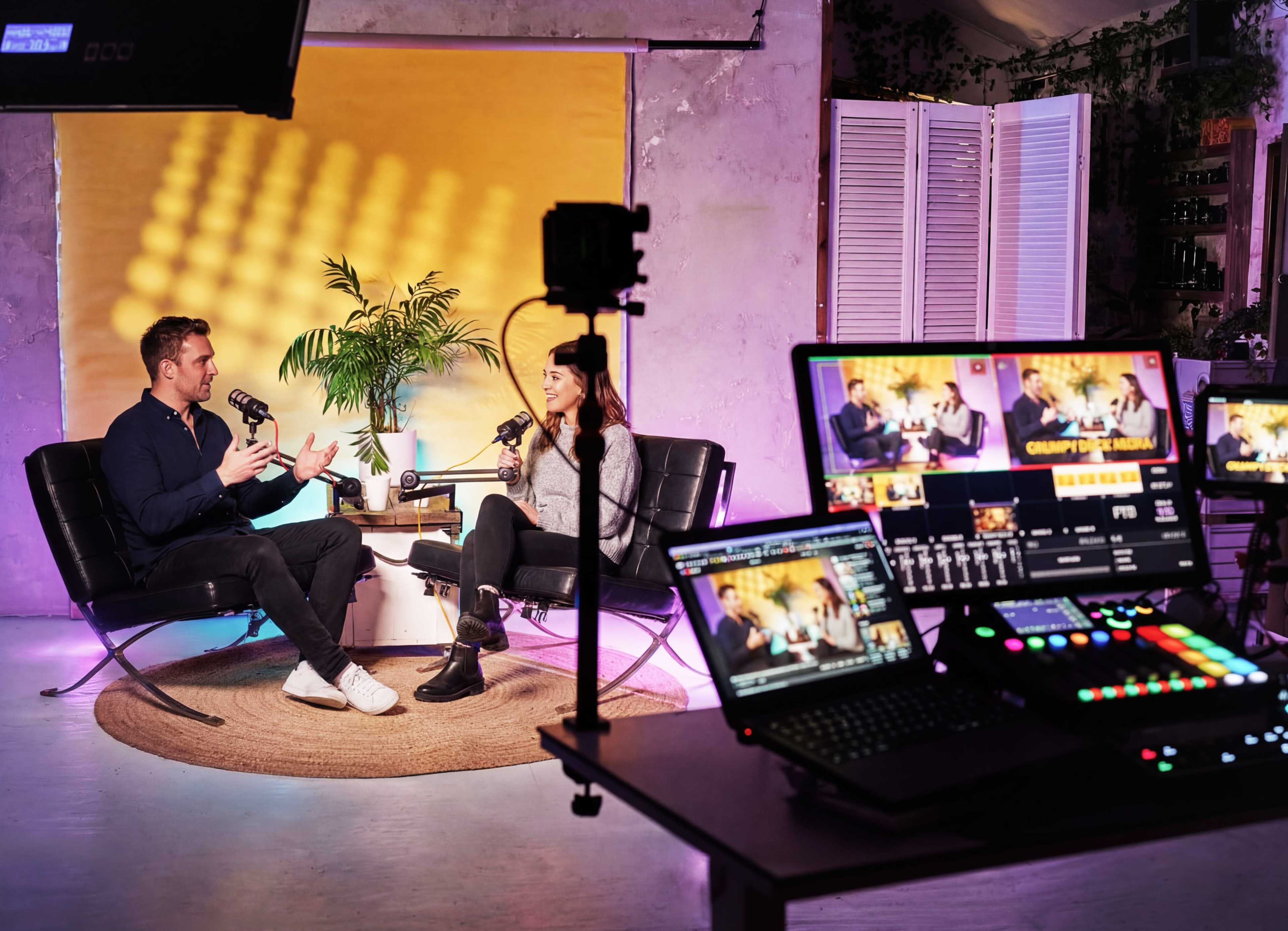A two-person talk show setup features a man and a woman seated on black chairs amidst colorful lighting, with a production station displaying video feeds and controls nearby.