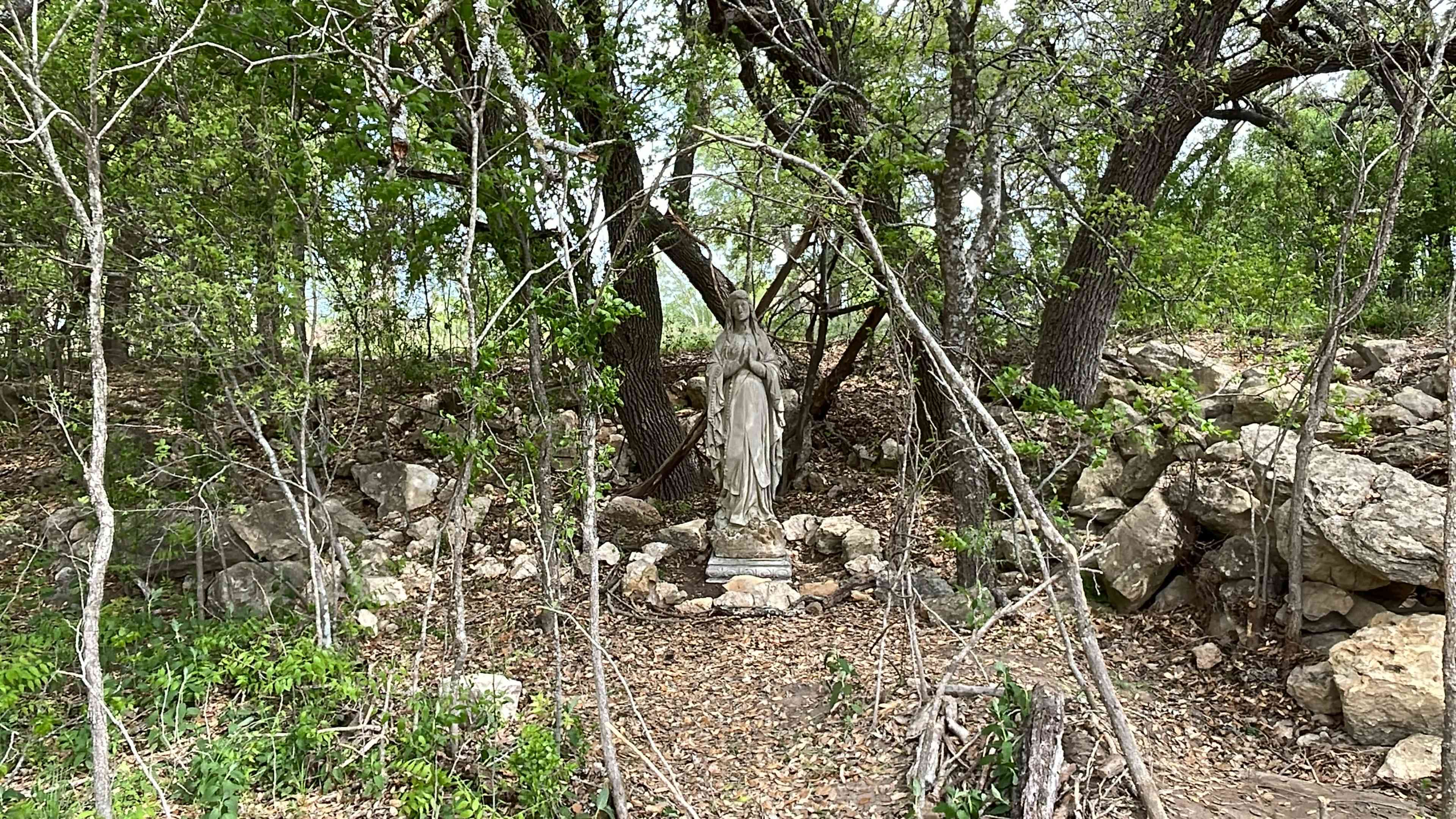 A weathered statue of a figure stands surrounded by rocks and overgrown vegetation in a wooded area.