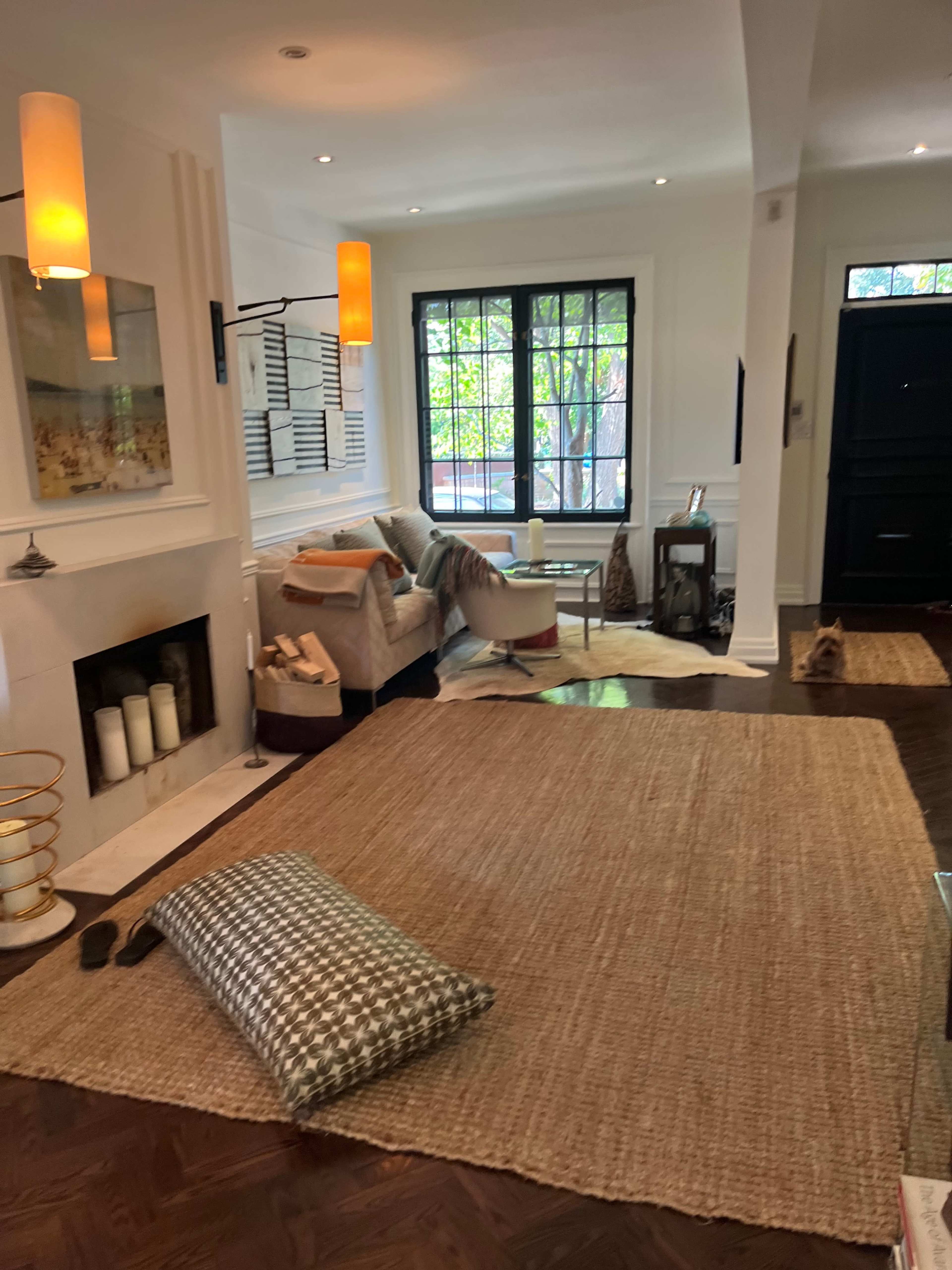 A cozy living room features a sofa, a coffee table, and a large area rug, with a fireplace and a window allowing natural light to enter.