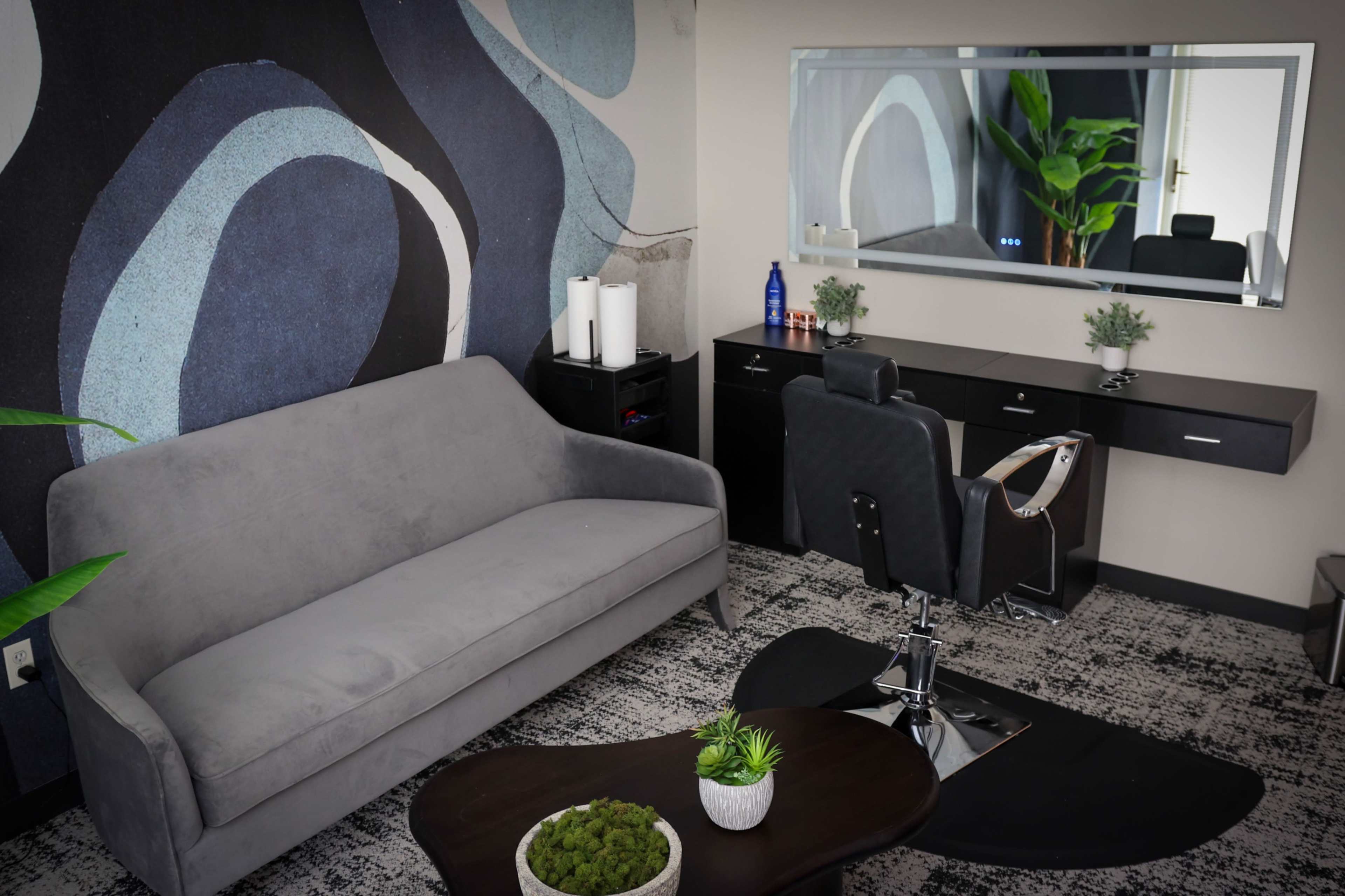 The image shows a modern salon interior featuring a gray sofa, a mirror, a stylist chair, and a desk with decorative plants against a patterned wall.