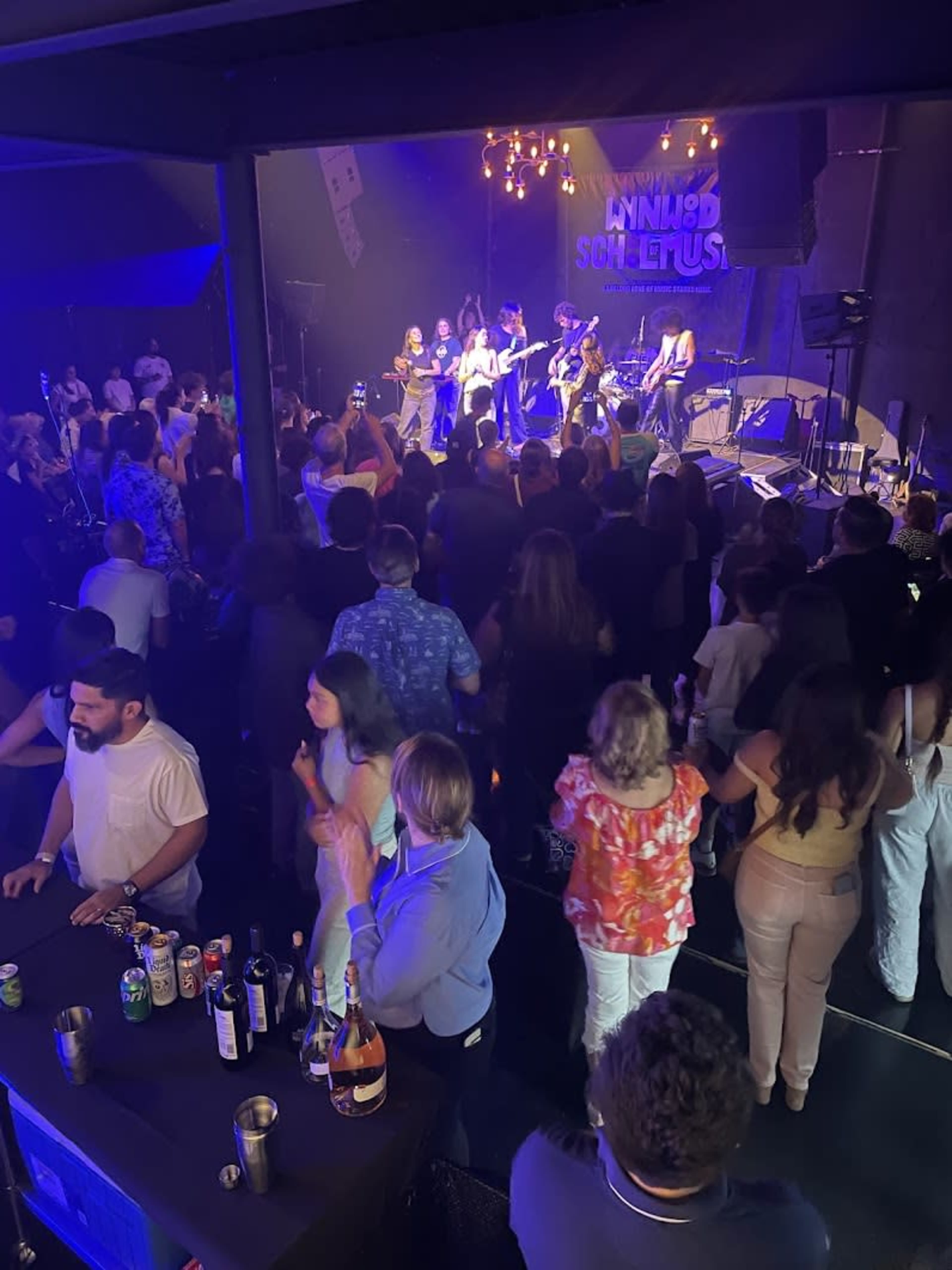 A lively crowd enjoys a live band performance in a dimly lit venue with colorful lights.