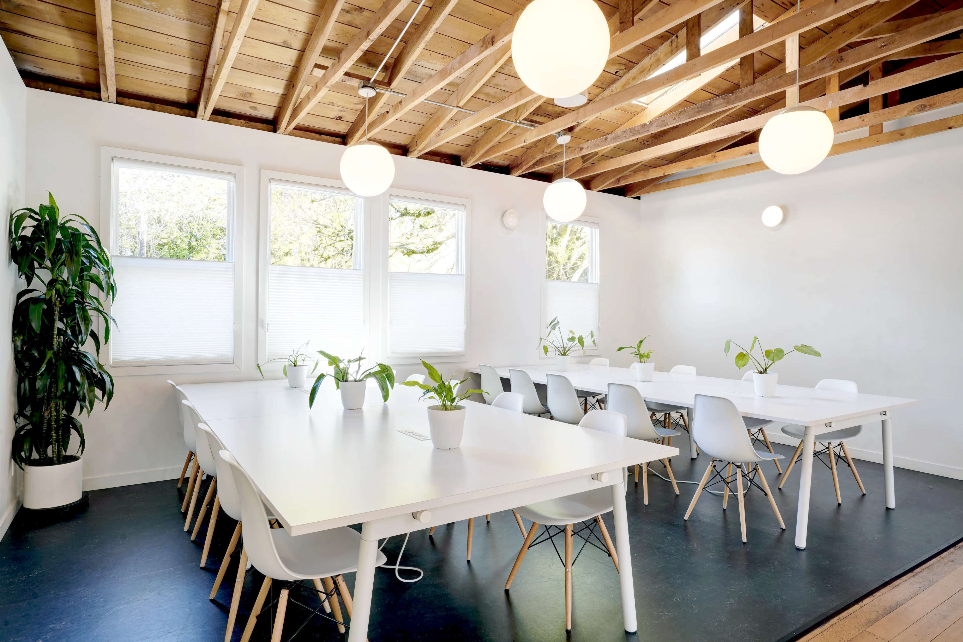 The image shows a modern meeting room with white tables, chairs, and potted plants, featuring large windows and pendant lighting.